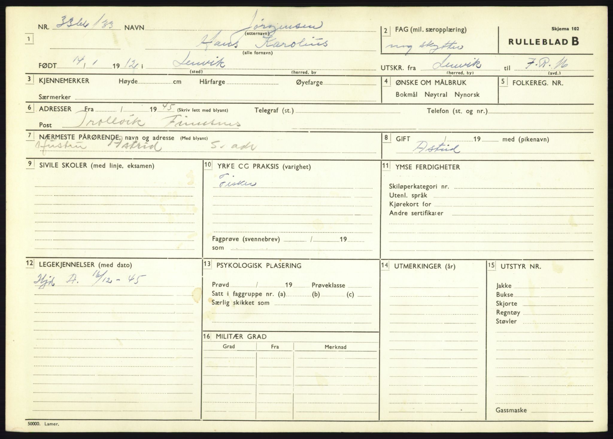 Forsvaret, Troms infanteriregiment nr. 16, AV/RA-RAFA-3146/P/Pa/L0017: Rulleblad for regimentets menige mannskaper, årsklasse 1933, 1933, s. 693