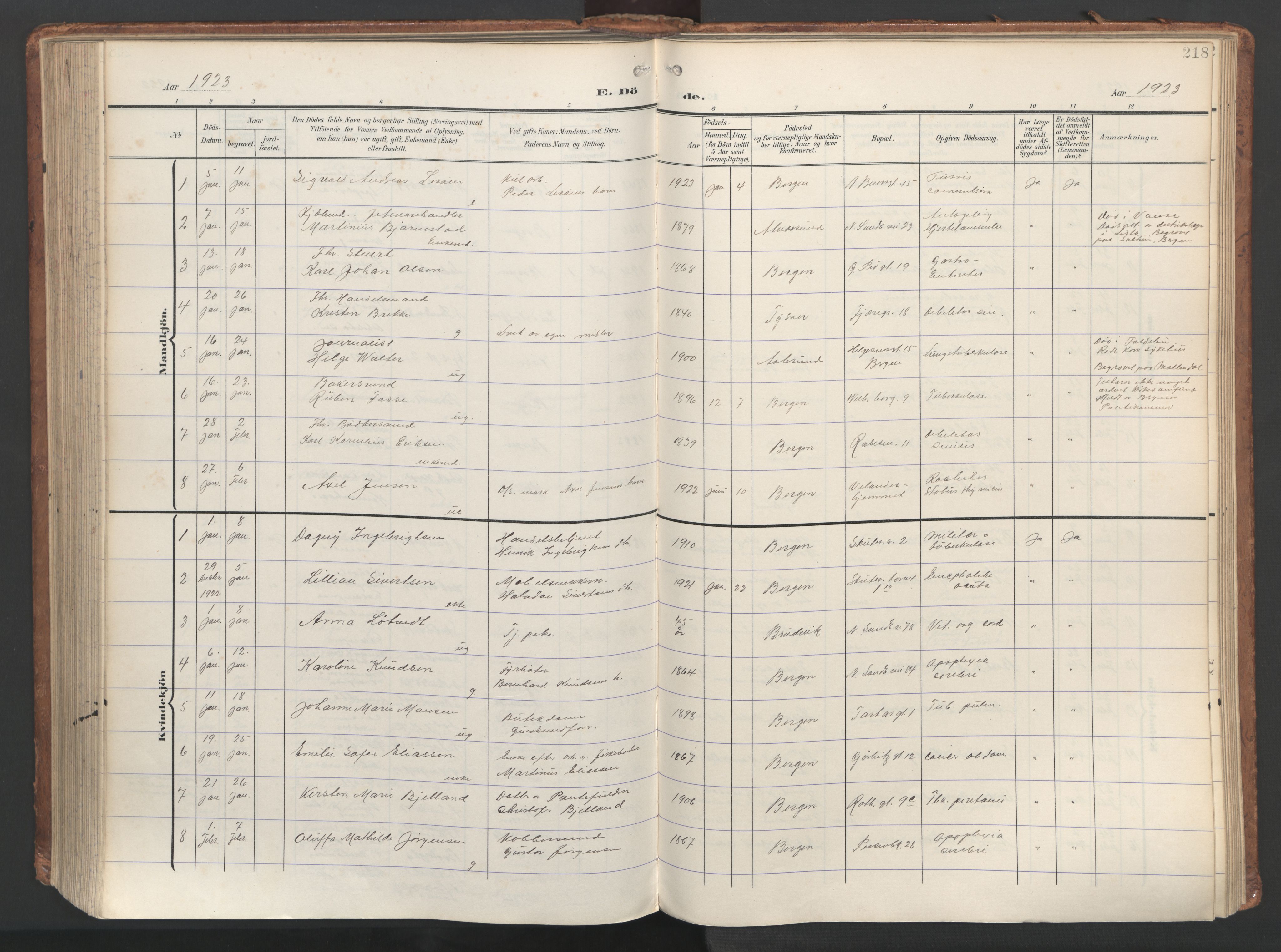 Sandviken Sokneprestembete, AV/SAB-A-77601/H/Ha/L0019: Ministerialbok nr. E 2, 1905-1933, s. 218
