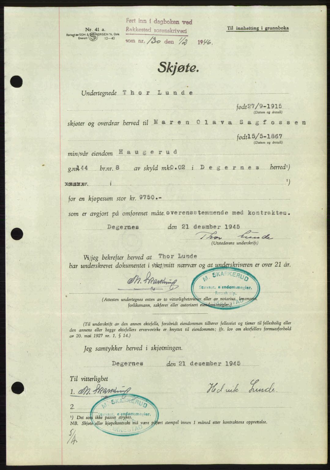 Rakkestad sorenskriveri, AV/SAO-A-10686/G/Gb/Gba/Gbab/L0012a: Pantebok nr. A12 I, 1945-1946, Dagboknr: 130/1946