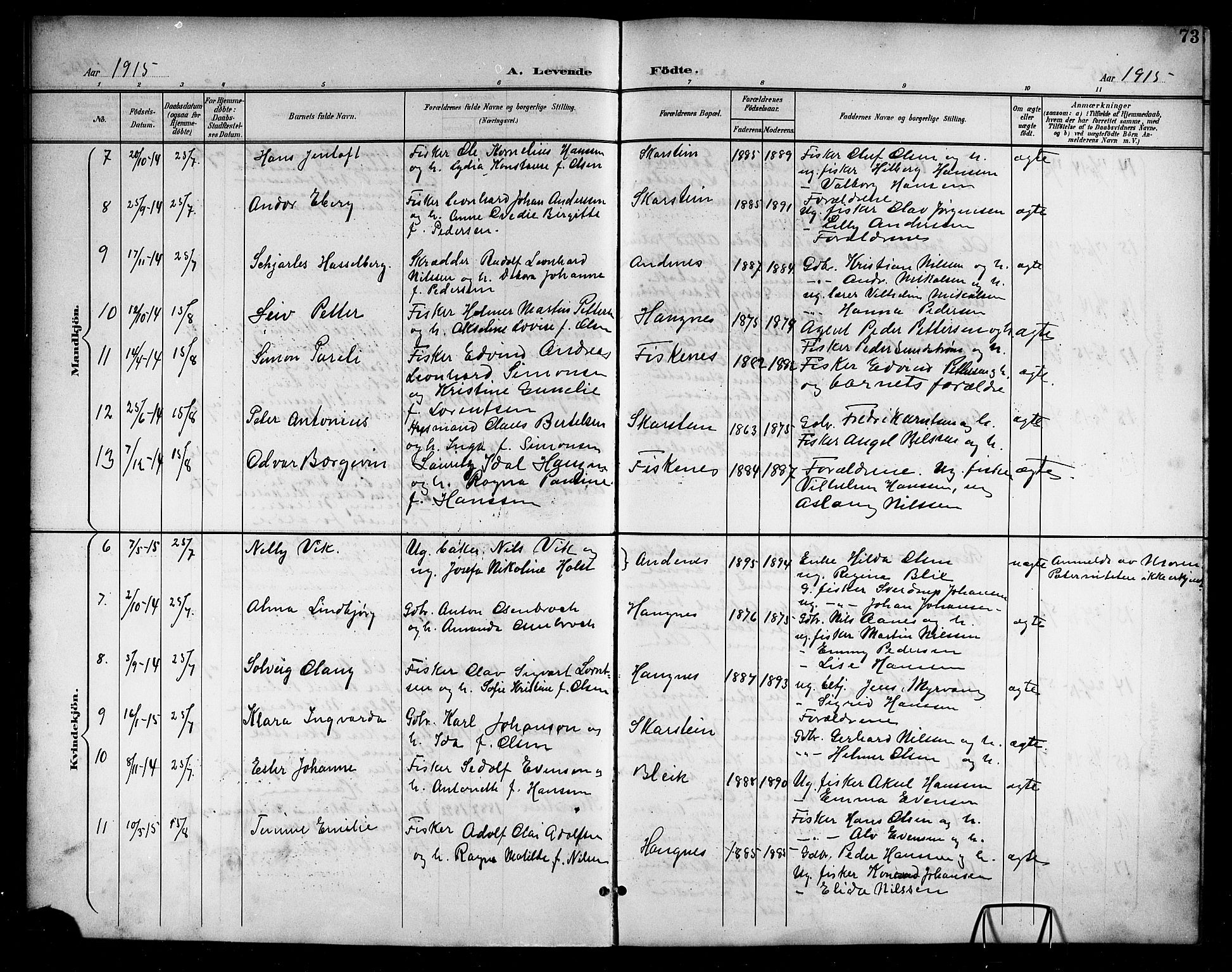 Ministerialprotokoller, klokkerbøker og fødselsregistre - Nordland, AV/SAT-A-1459/899/L1449: Klokkerbok nr. 899C04, 1900-1918, s. 73
