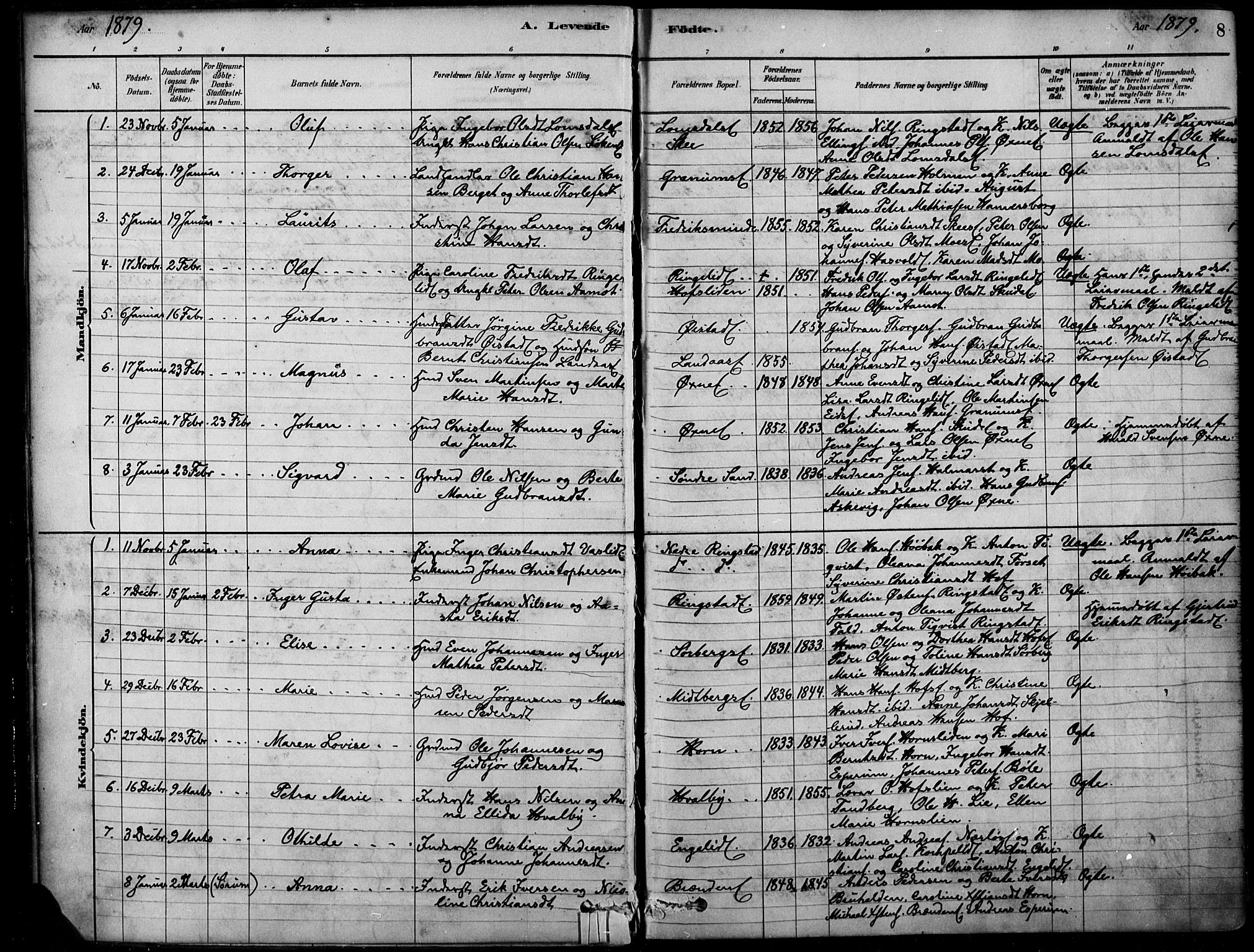 Søndre Land prestekontor, AV/SAH-PREST-122/K/L0003: Ministerialbok nr. 3, 1878-1894, s. 8