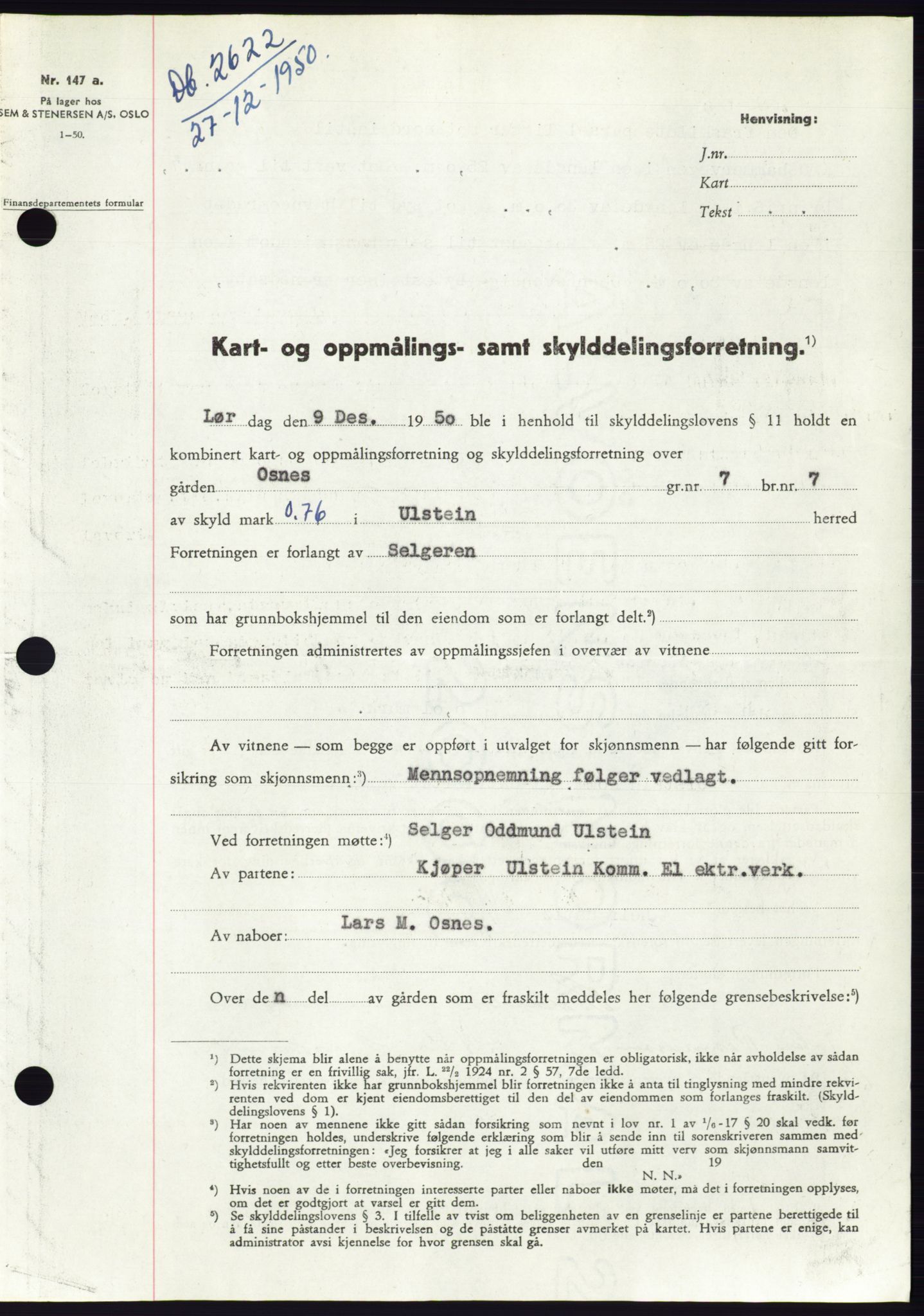 Søre Sunnmøre sorenskriveri, SAT/A-4122/1/2/2C/L0088: Pantebok nr. 14A, 1950-1951, Dagboknr: 2622/1950