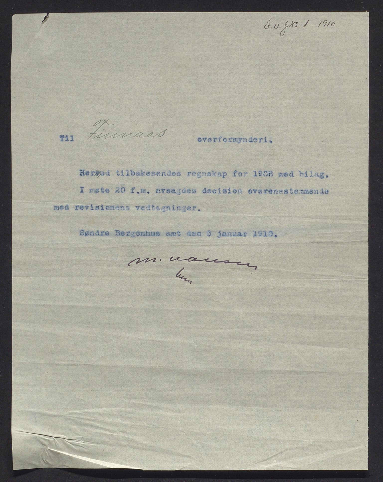 Finnaas kommune. Overformynderiet, IKAH/1218a-812/R/Ra/Raa/L0008/0002: Årlege rekneskap m/vedlegg / Årlege rekneskap m/vedlegg, 1908