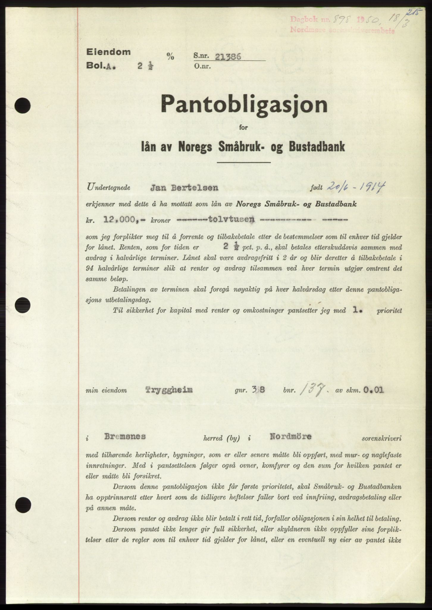 Nordmøre sorenskriveri, SAT/A-4132/1/2/2Ca: Pantebok nr. B104, 1950-1950, Dagboknr: 898/1950
