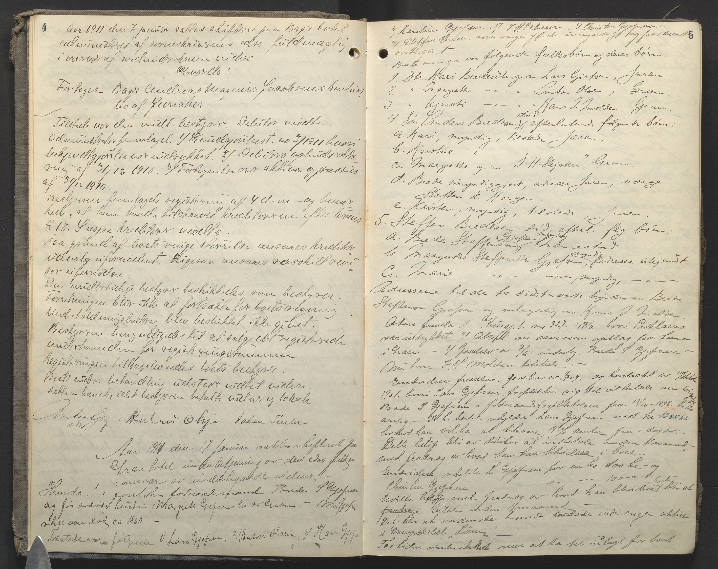 Hadeland og Land tingrett, AV/SAH-TING-010/J/Jc/L0009: Skifteforhandlingsprotokoll, 1910-1914, s. 4-5