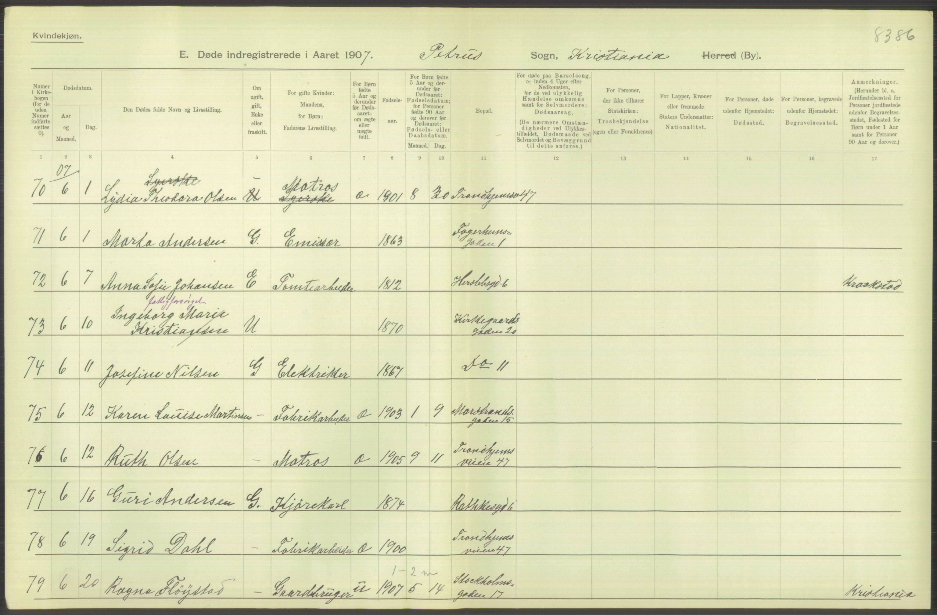 Statistisk sentralbyrå, Sosiodemografiske emner, Befolkning, RA/S-2228/D/Df/Dfa/Dfae/L0009: Kristiania: Døde, 1907, s. 358