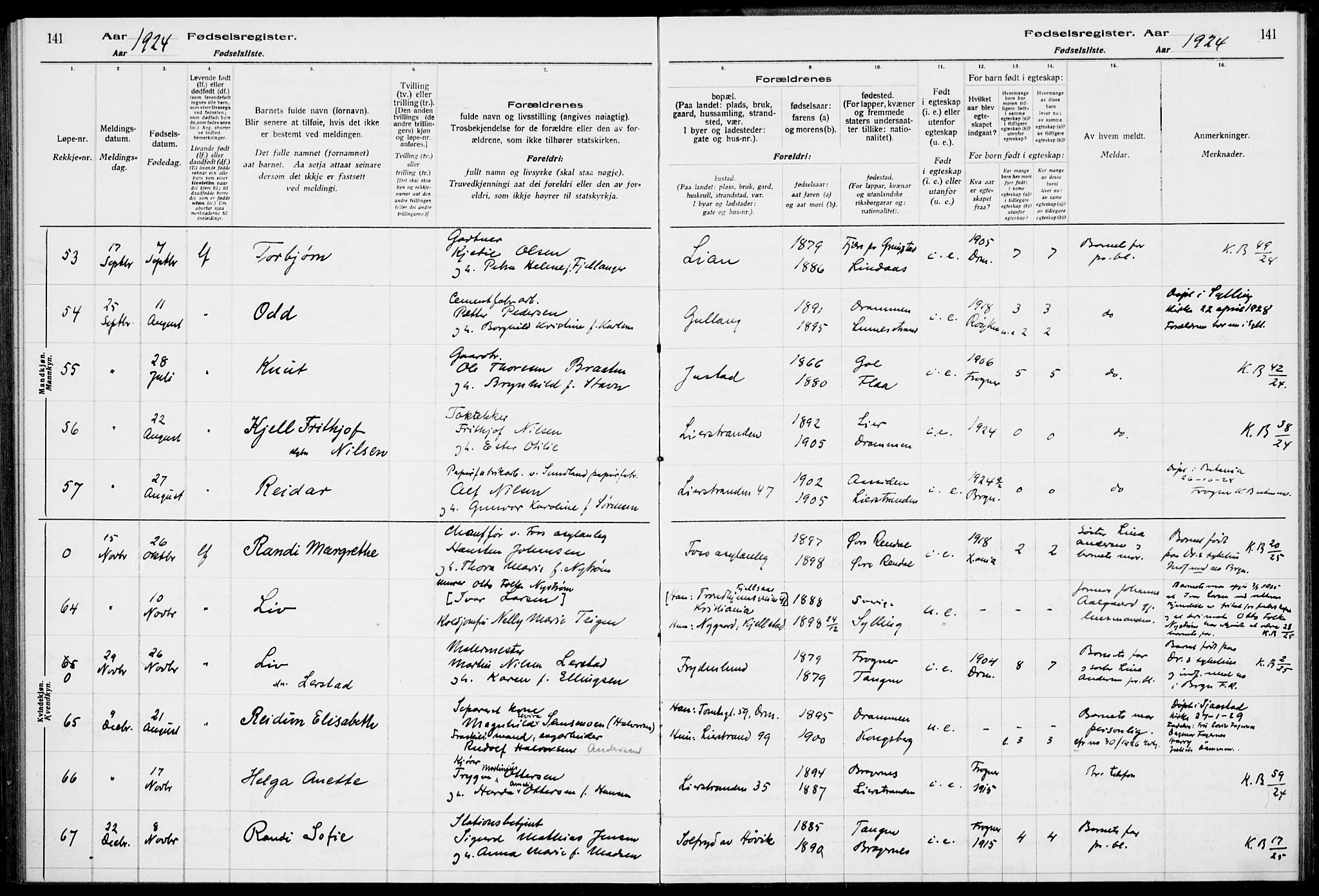 Lier kirkebøker, AV/SAKO-A-230/J/Ja/L0001: Fødselsregister nr. 1, 1916-1928, s. 141