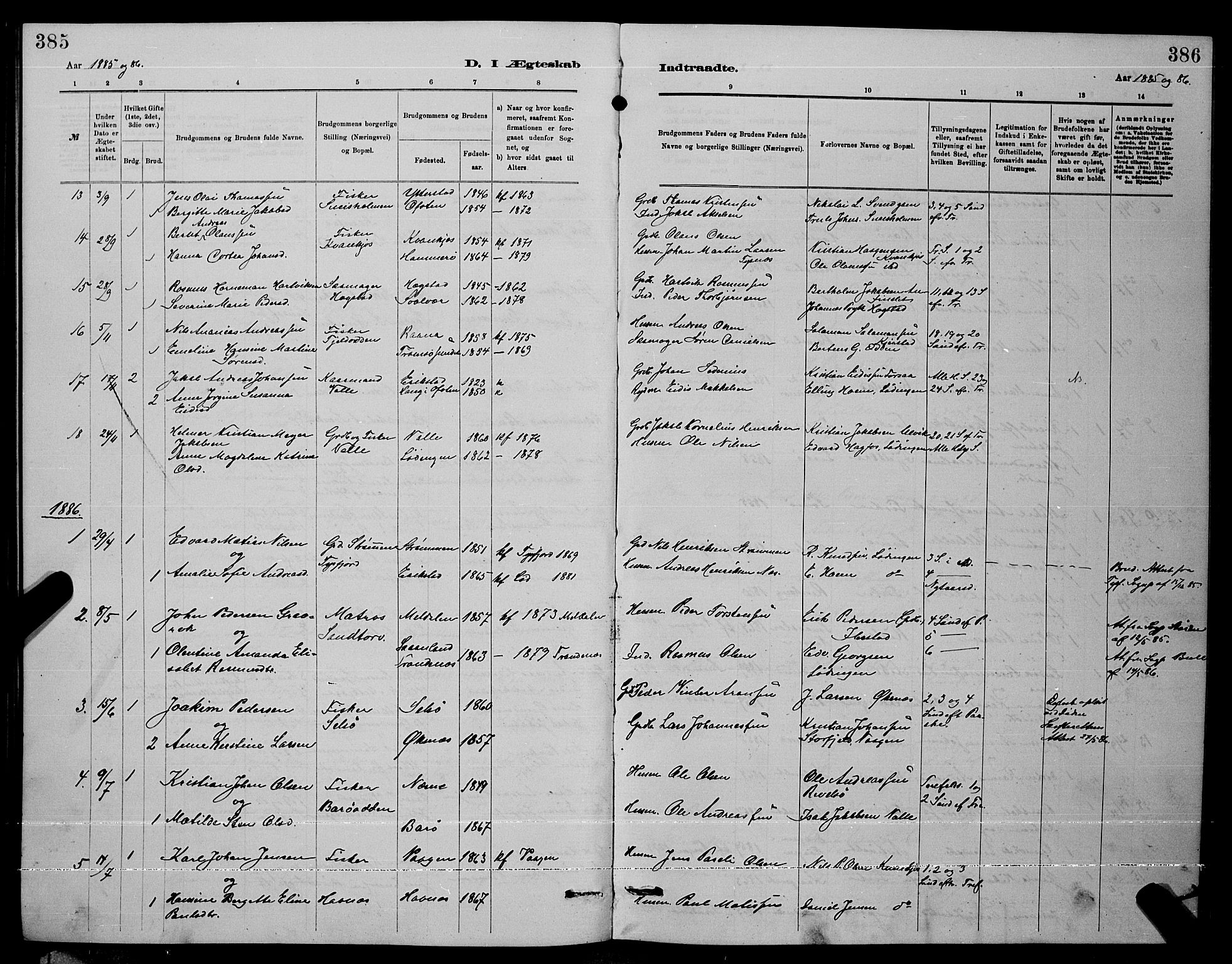 Ministerialprotokoller, klokkerbøker og fødselsregistre - Nordland, AV/SAT-A-1459/872/L1047: Klokkerbok nr. 872C03, 1880-1897, s. 385-386