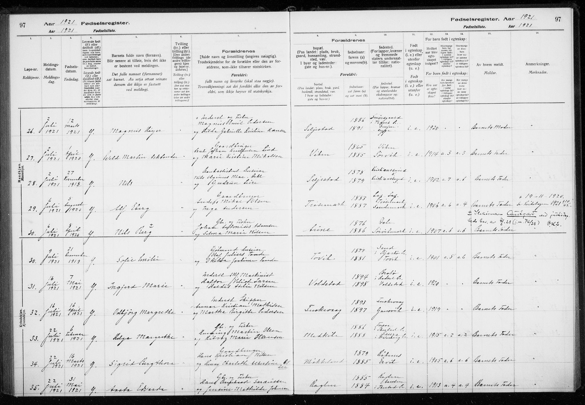 Trondenes sokneprestkontor, AV/SATØ-S-1319/I/Ia/L0089: Fødselsregister nr. 89, 1916-1925, s. 97