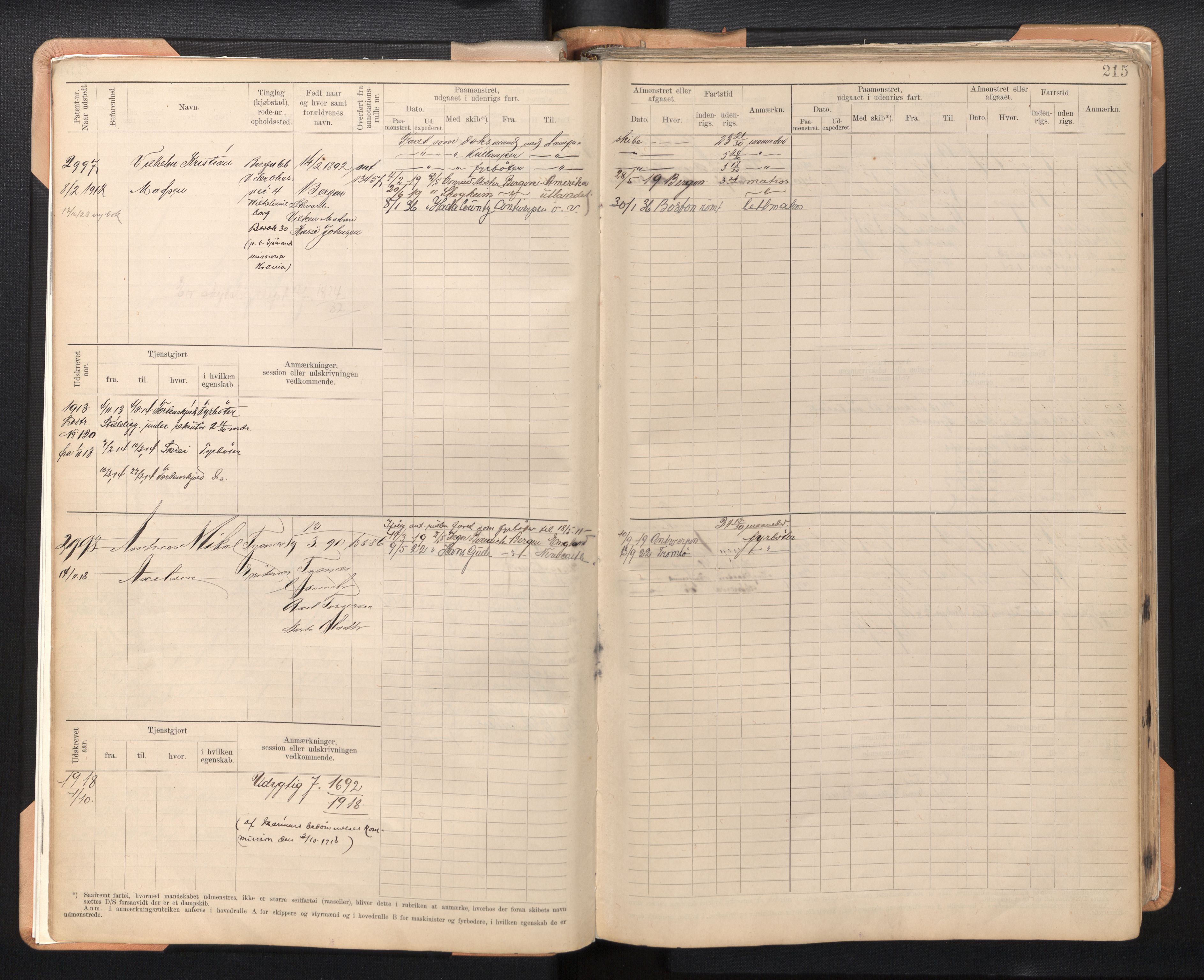 Innrulleringssjefen i Bergen, AV/SAB-A-100050/F/Fe/L0007: Sjøfartshovedrulle B, nr. 2981 - 3426, 1908-1923, s. 215