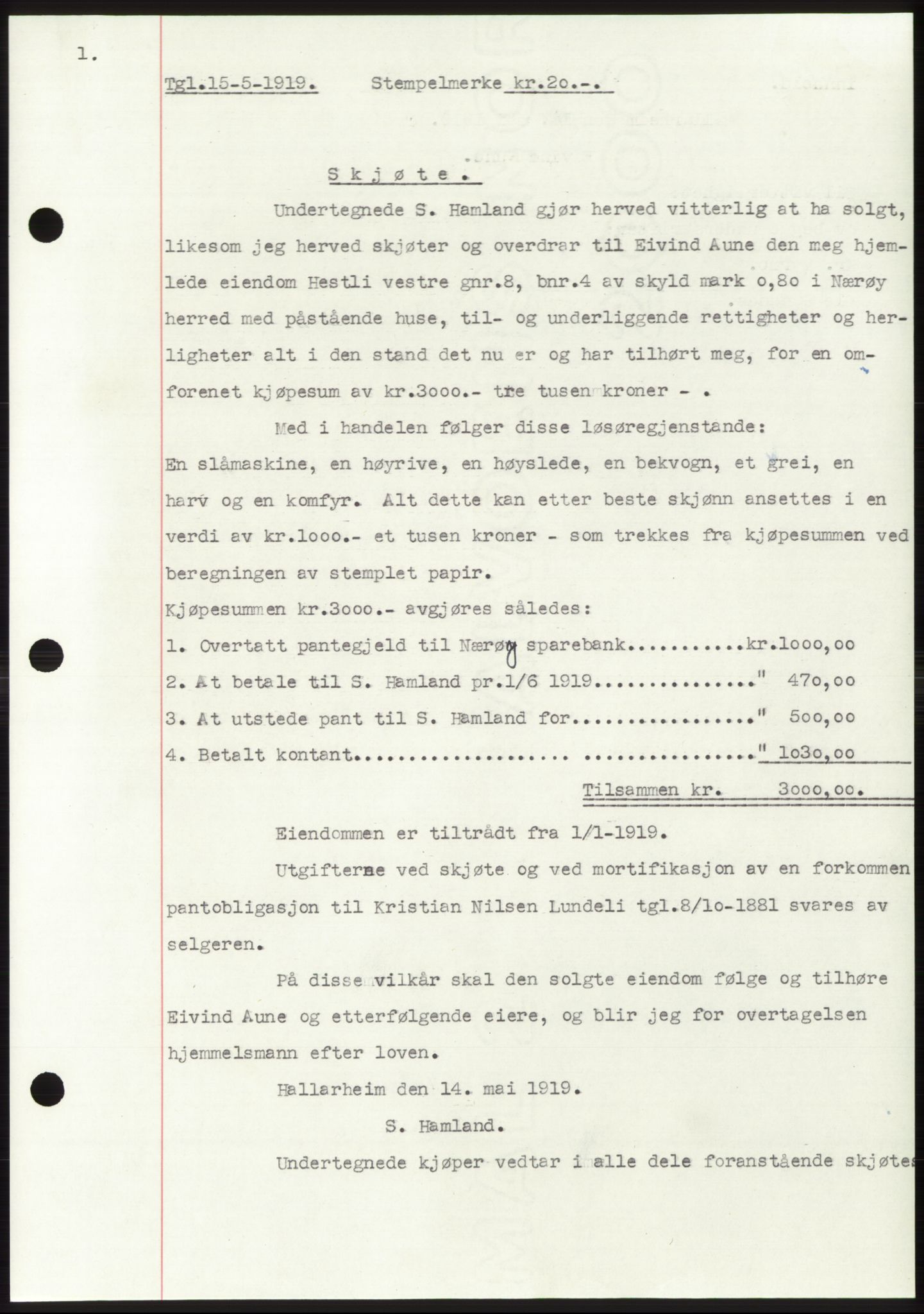 Namdal sorenskriveri, SAT/A-4133/1/2/2C: Pantebok nr. -, 1916-1921, Tingl.dato: 15.05.1919