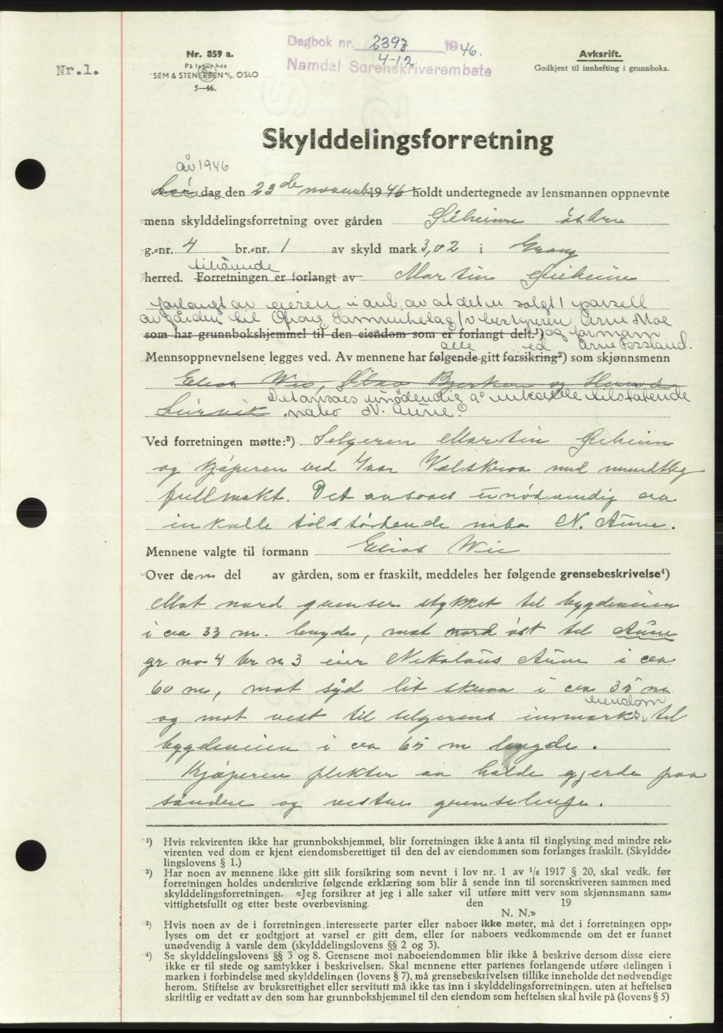 Namdal sorenskriveri, SAT/A-4133/1/2/2C: Pantebok nr. -, 1946-1947, Dagboknr: 2397/1946