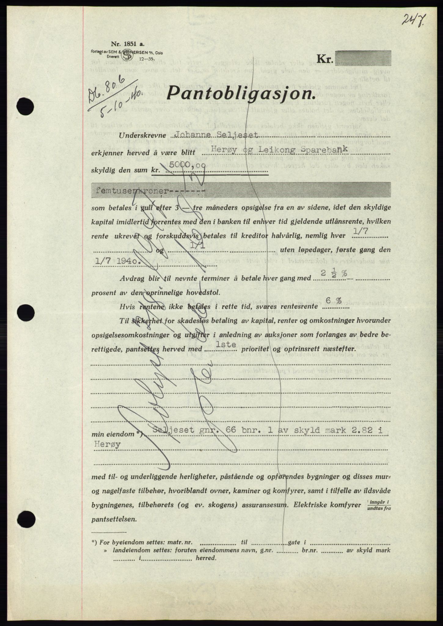 Søre Sunnmøre sorenskriveri, SAT/A-4122/1/2/2C/L0070: Pantebok nr. 64, 1940-1941, Dagboknr: 806/1940