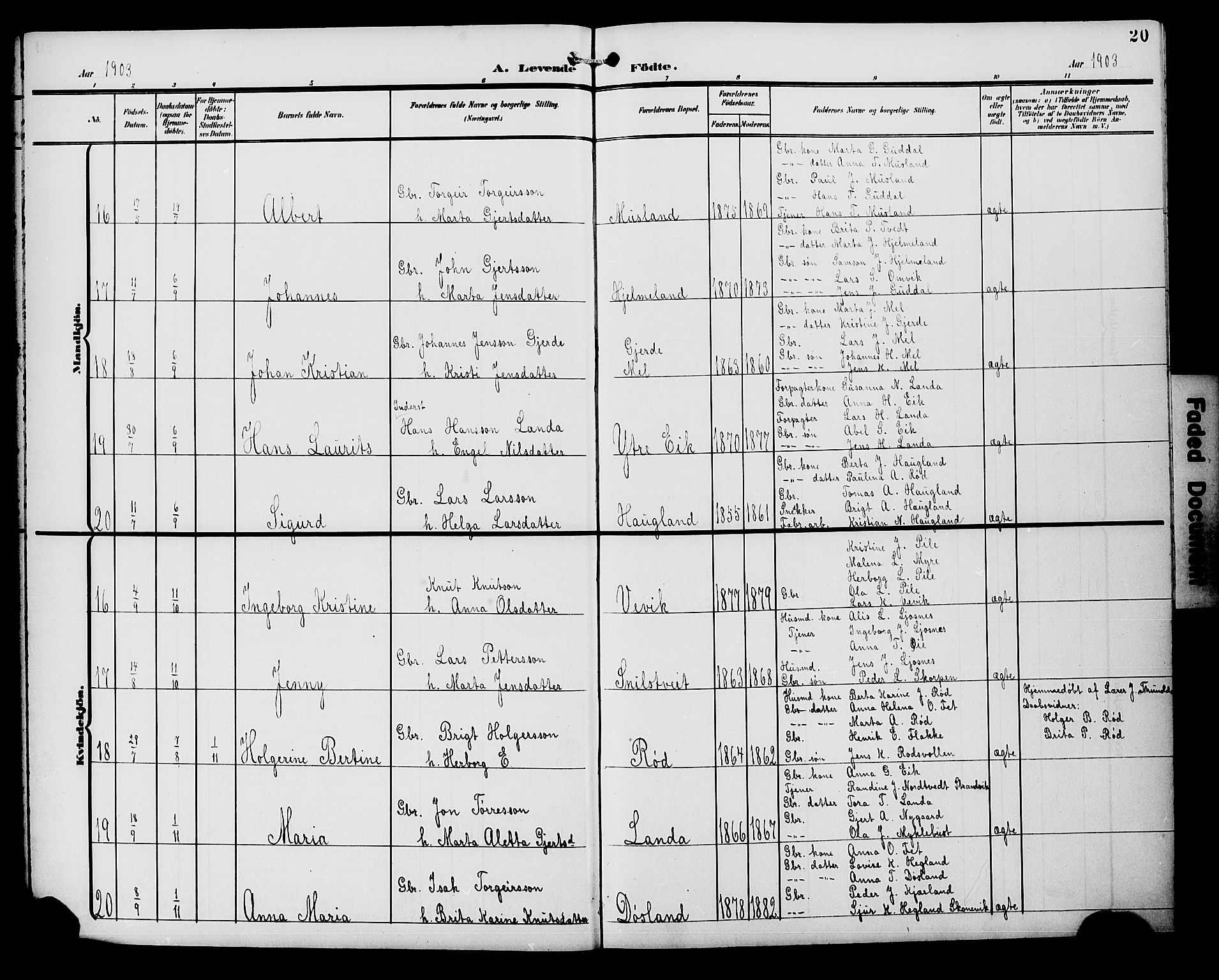 Kvinnherad sokneprestembete, AV/SAB-A-76401/H/Hab: Klokkerbok nr. A 2A, 1901-1911, s. 20