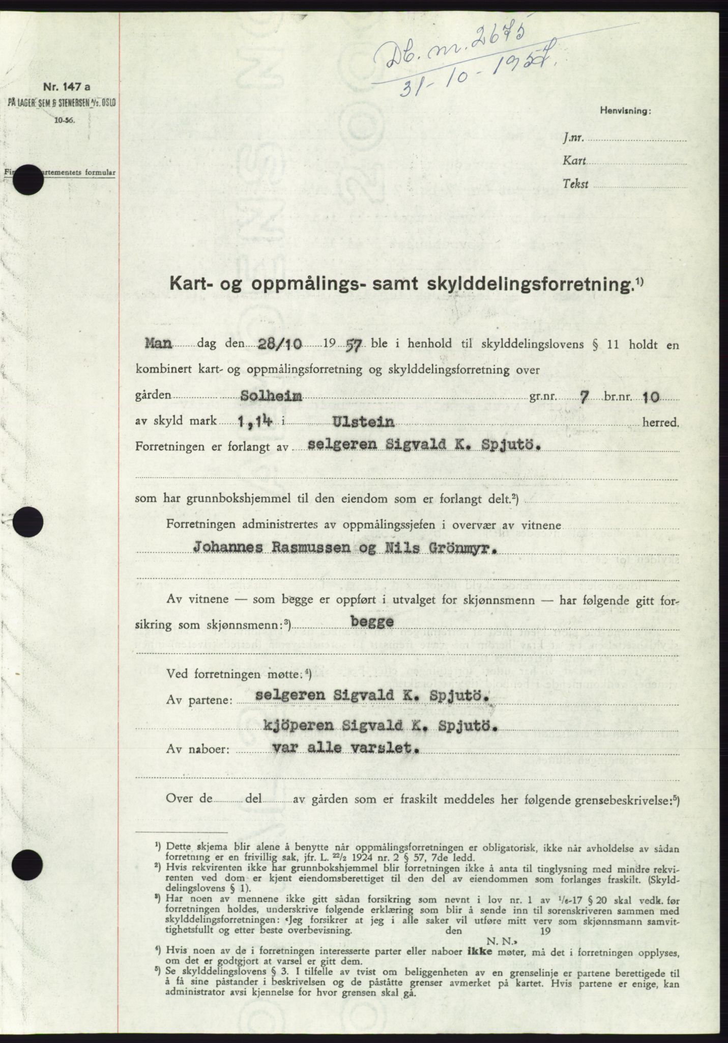 Søre Sunnmøre sorenskriveri, SAT/A-4122/1/2/2C/L0108: Pantebok nr. 34A, 1957-1958, Dagboknr: 2675/1957