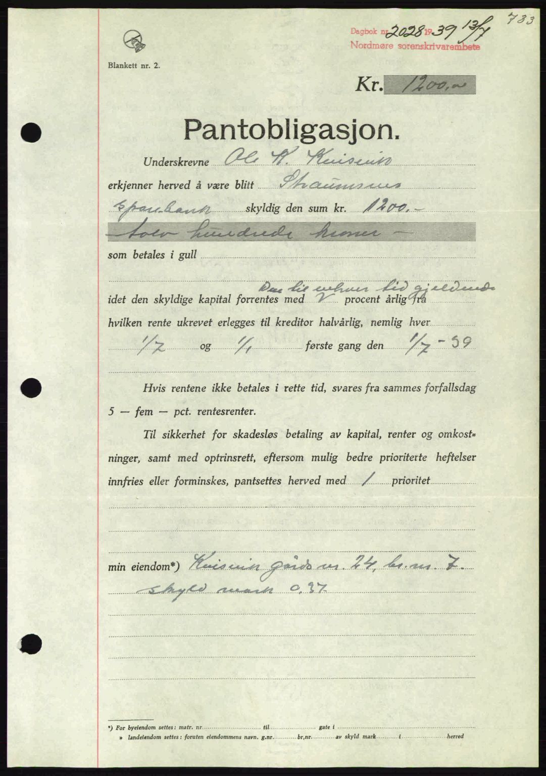 Nordmøre sorenskriveri, AV/SAT-A-4132/1/2/2Ca: Pantebok nr. B85, 1939-1939, Dagboknr: 2028/1939