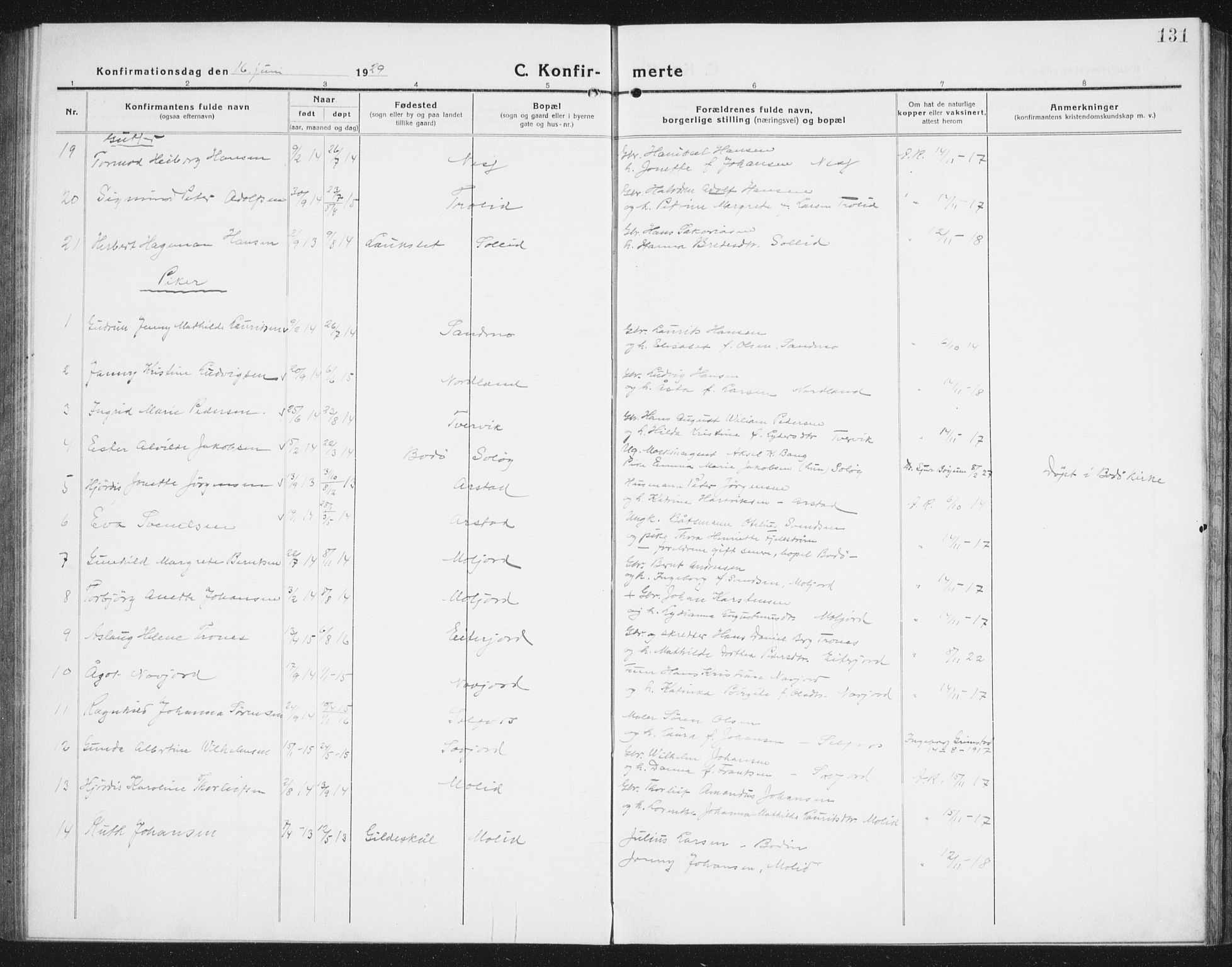 Ministerialprotokoller, klokkerbøker og fødselsregistre - Nordland, SAT/A-1459/846/L0656: Klokkerbok nr. 846C06, 1917-1936, s. 131
