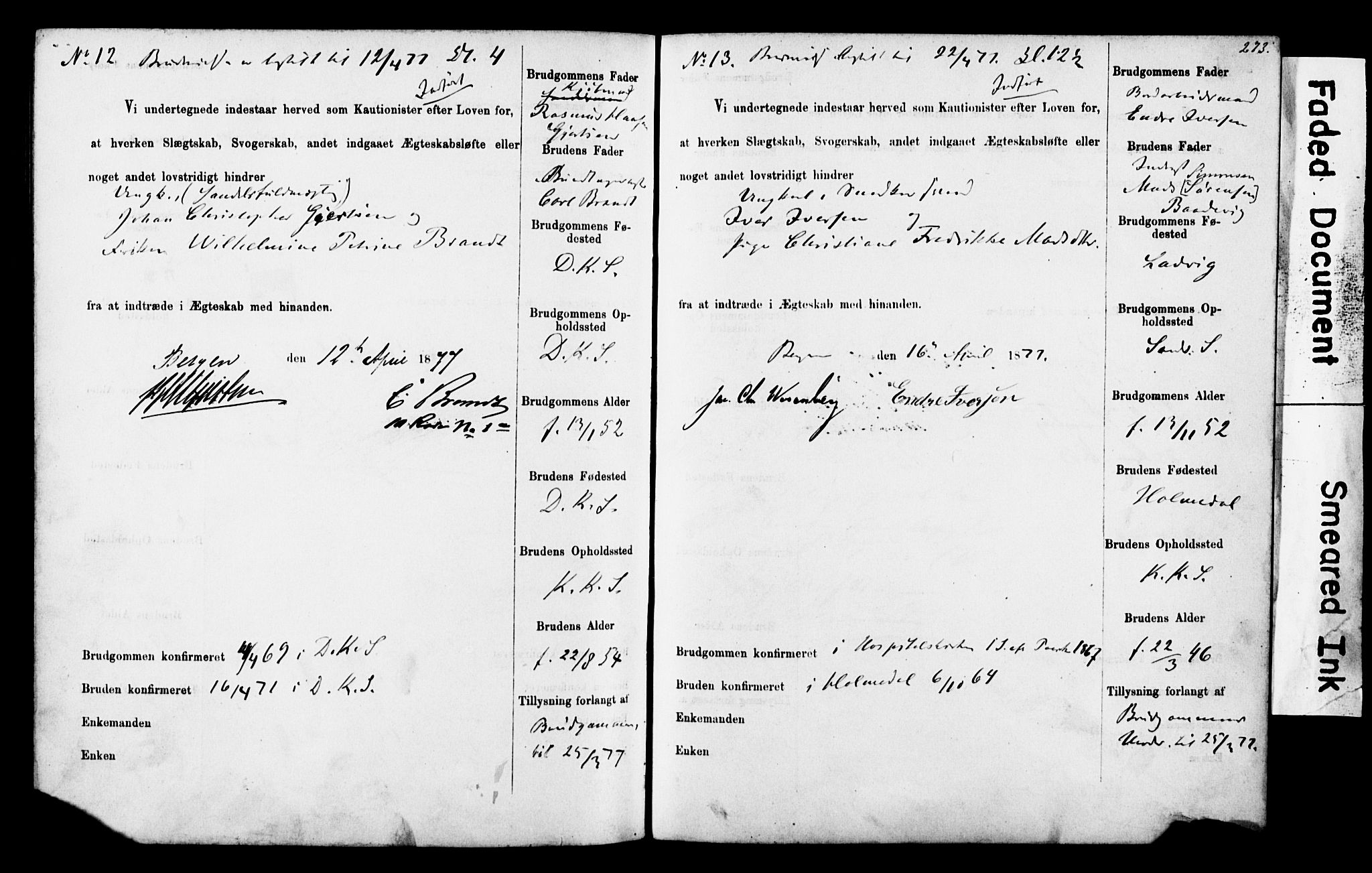 Korskirken sokneprestembete, AV/SAB-A-76101: Forlovererklæringer nr. II.5.4, 1871-1878, s. 273