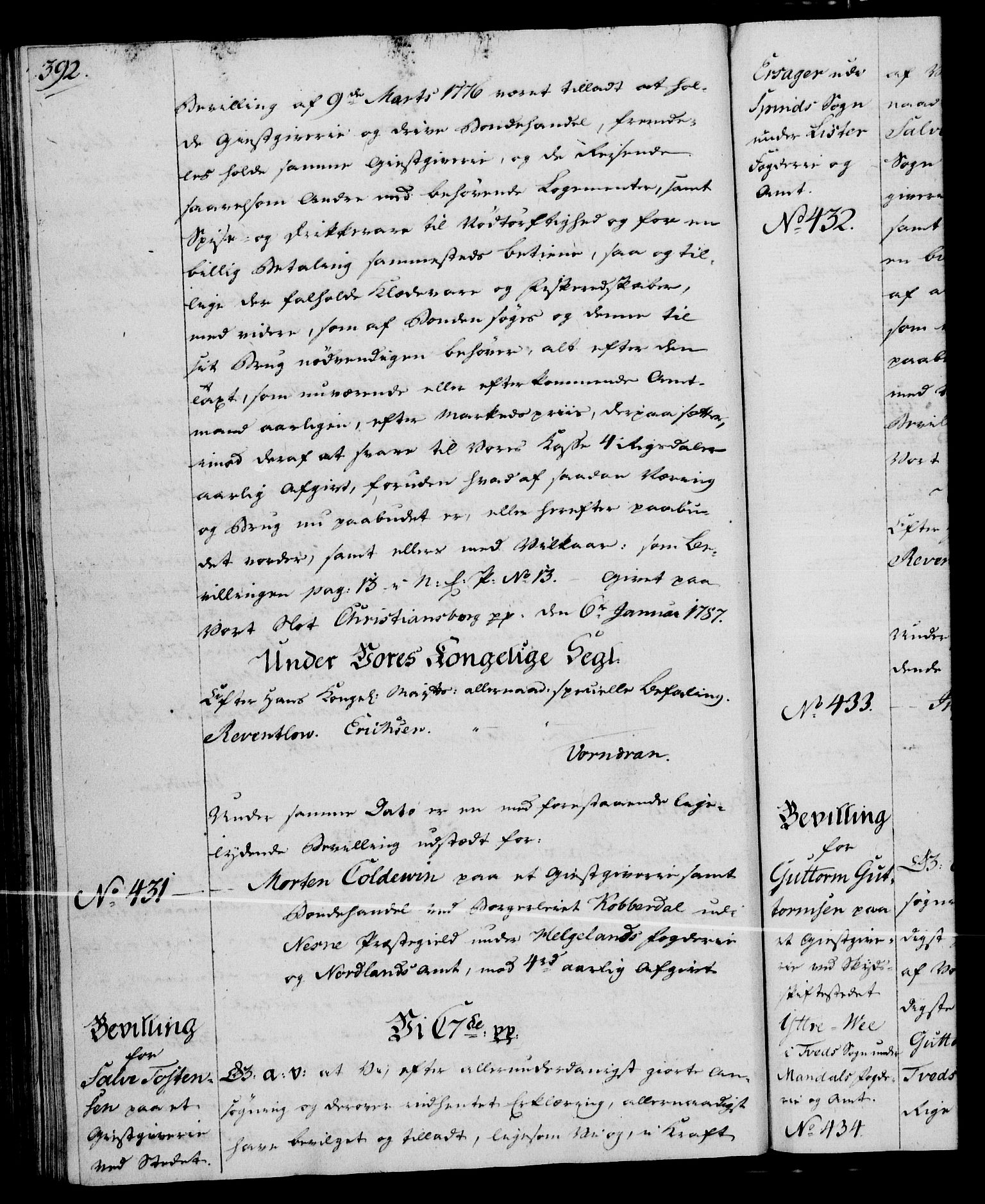 Rentekammeret, Kammerkanselliet, RA/EA-3111/G/Gg/Gga/L0013: Norsk ekspedisjonsprotokoll med register (merket RK 53.13), 1784-1787, s. 392