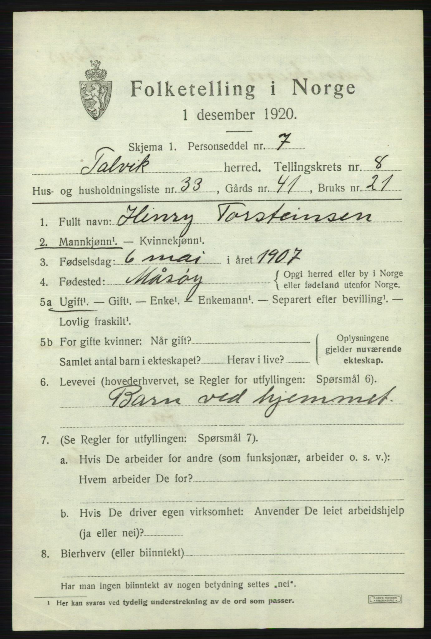 SATØ, Folketelling 1920 for 2013 Talvik herred, 1920, s. 5346