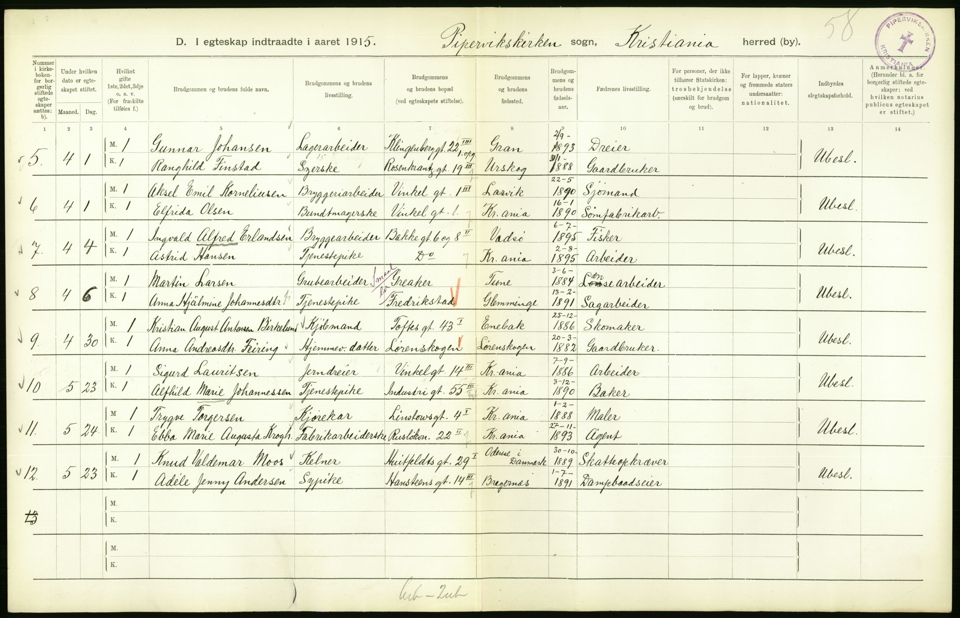 Statistisk sentralbyrå, Sosiodemografiske emner, Befolkning, AV/RA-S-2228/D/Df/Dfb/Dfbe/L0008: Kristiania: Gifte., 1915, s. 664