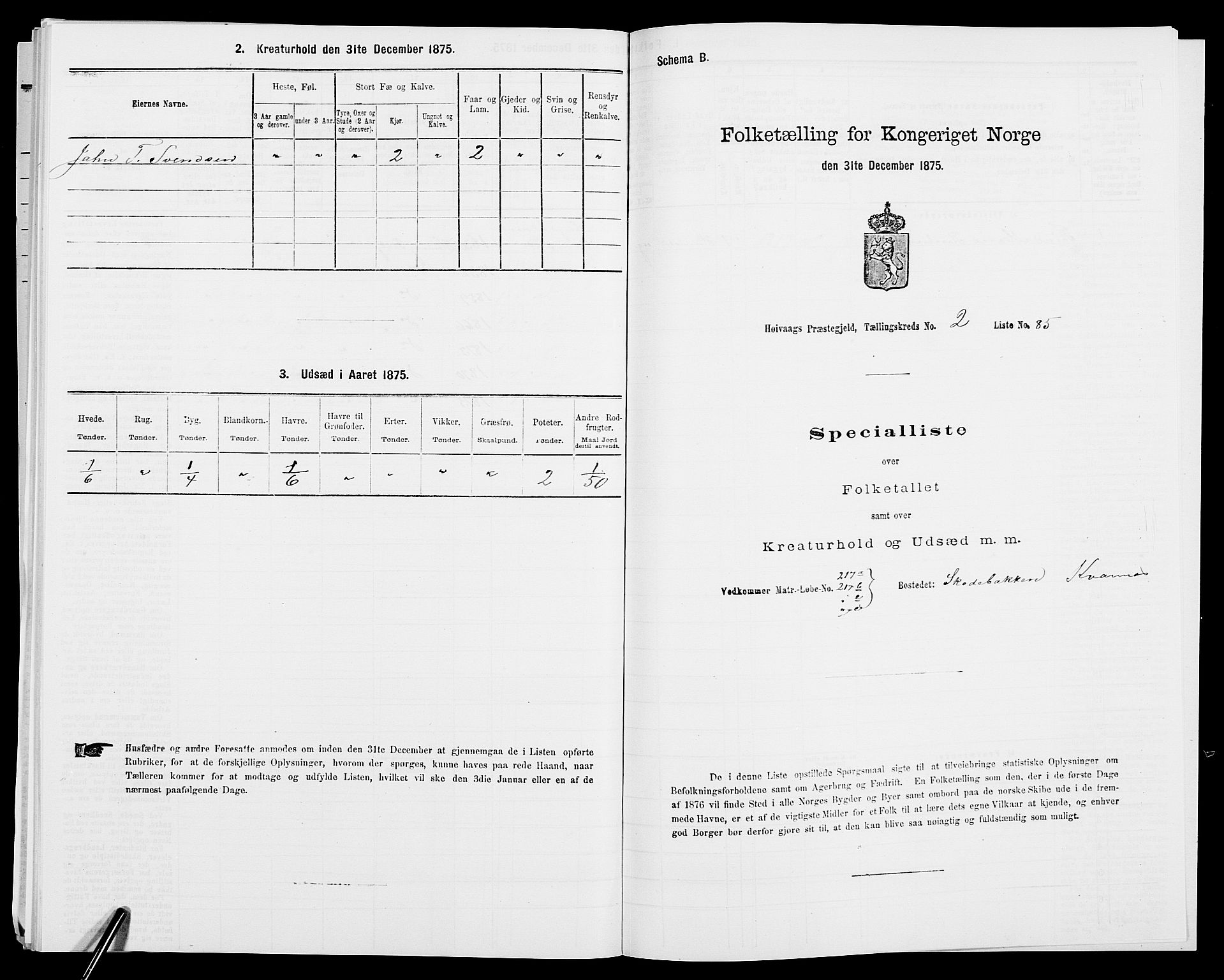 SAK, Folketelling 1875 for 0927P Høvåg prestegjeld, 1875, s. 340