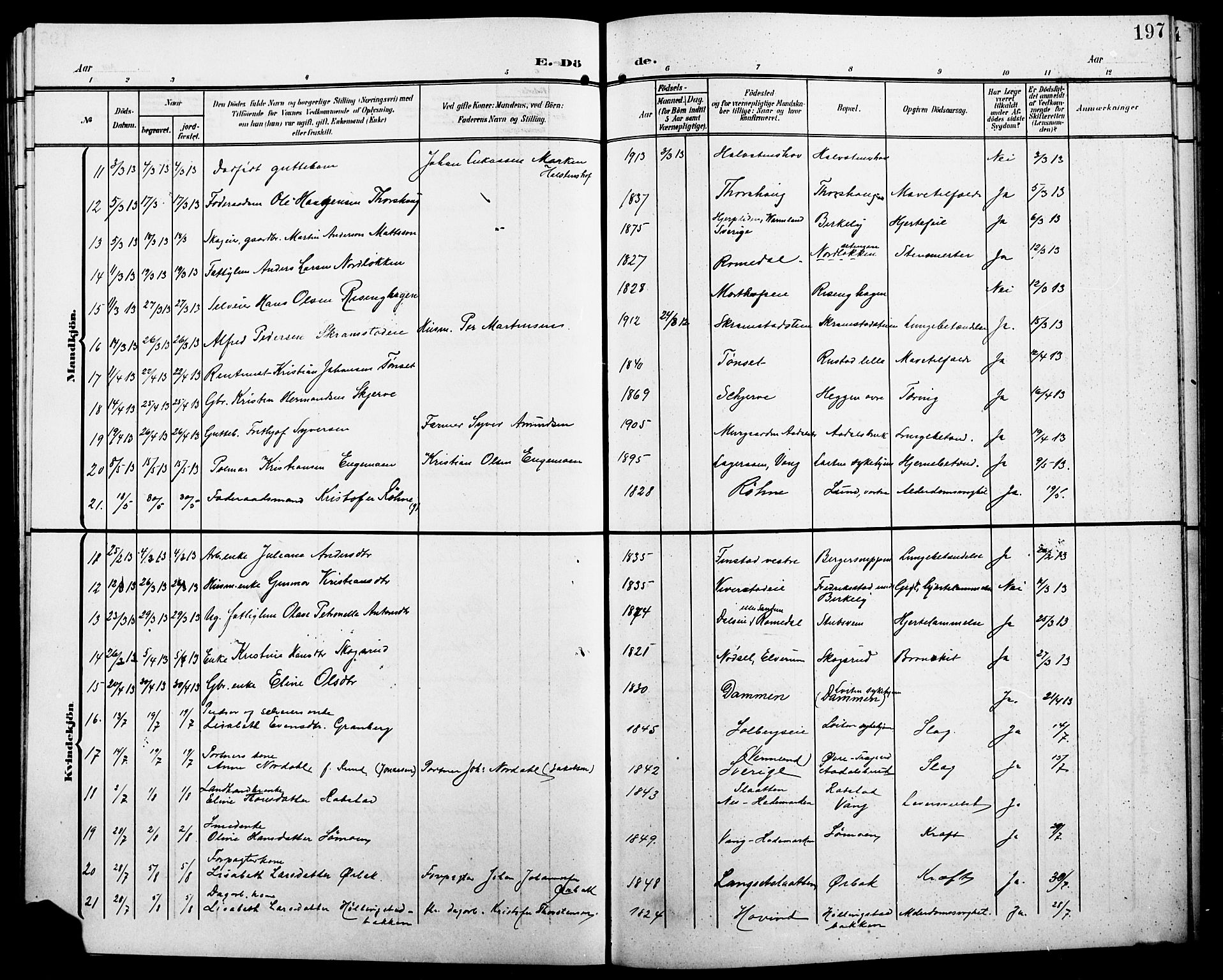 Løten prestekontor, AV/SAH-PREST-022/L/La/L0007: Klokkerbok nr. 7, 1910-1919, s. 197