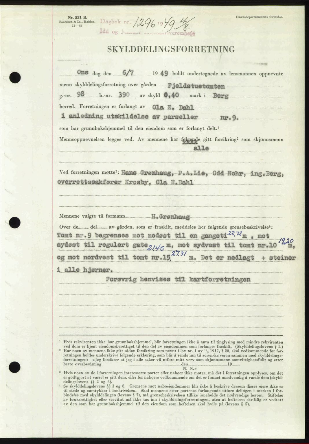 Idd og Marker sorenskriveri, SAO/A-10283/G/Gb/Gbb/L0012: Pantebok nr. A12, 1949-1949, Dagboknr: 1296/1949