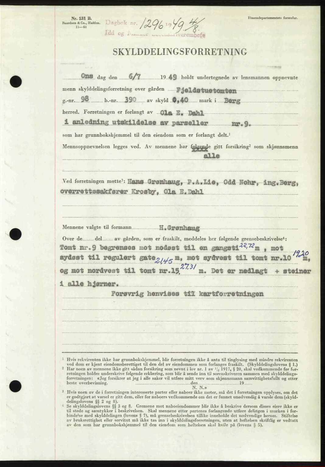 Idd og Marker sorenskriveri, AV/SAO-A-10283/G/Gb/Gbb/L0012: Pantebok nr. A12, 1949-1949, Dagboknr: 1296/1949