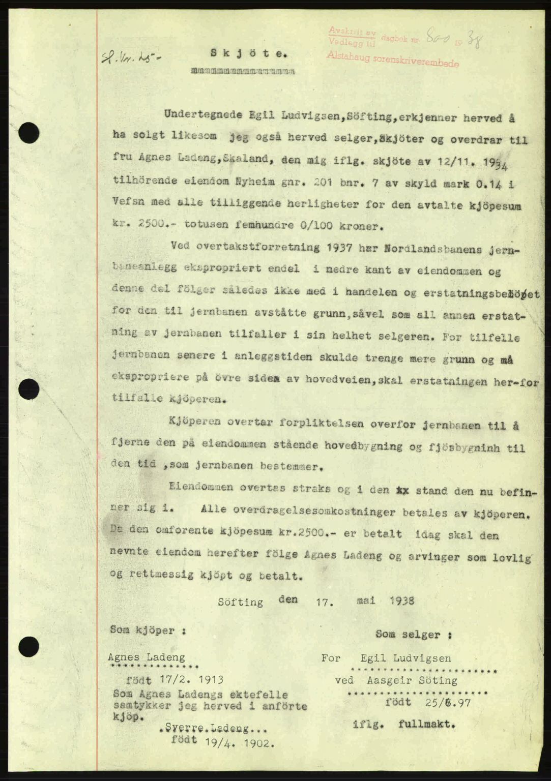 Alstahaug sorenskriveri, SAT/A-1009: Pantebok nr. A3, 1937-1938, Dagboknr: 800/1938