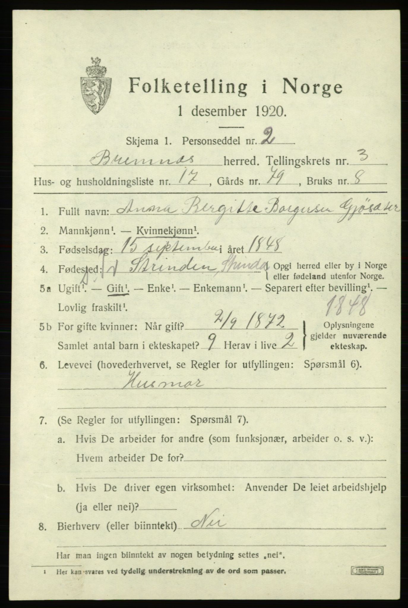 SAB, Folketelling 1920 for 1220 Bremnes herred, 1920, s. 1774
