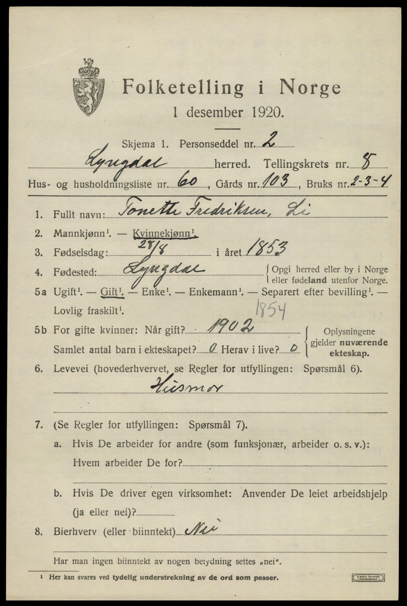 SAK, Folketelling 1920 for 1032 Lyngdal herred, 1920, s. 4621