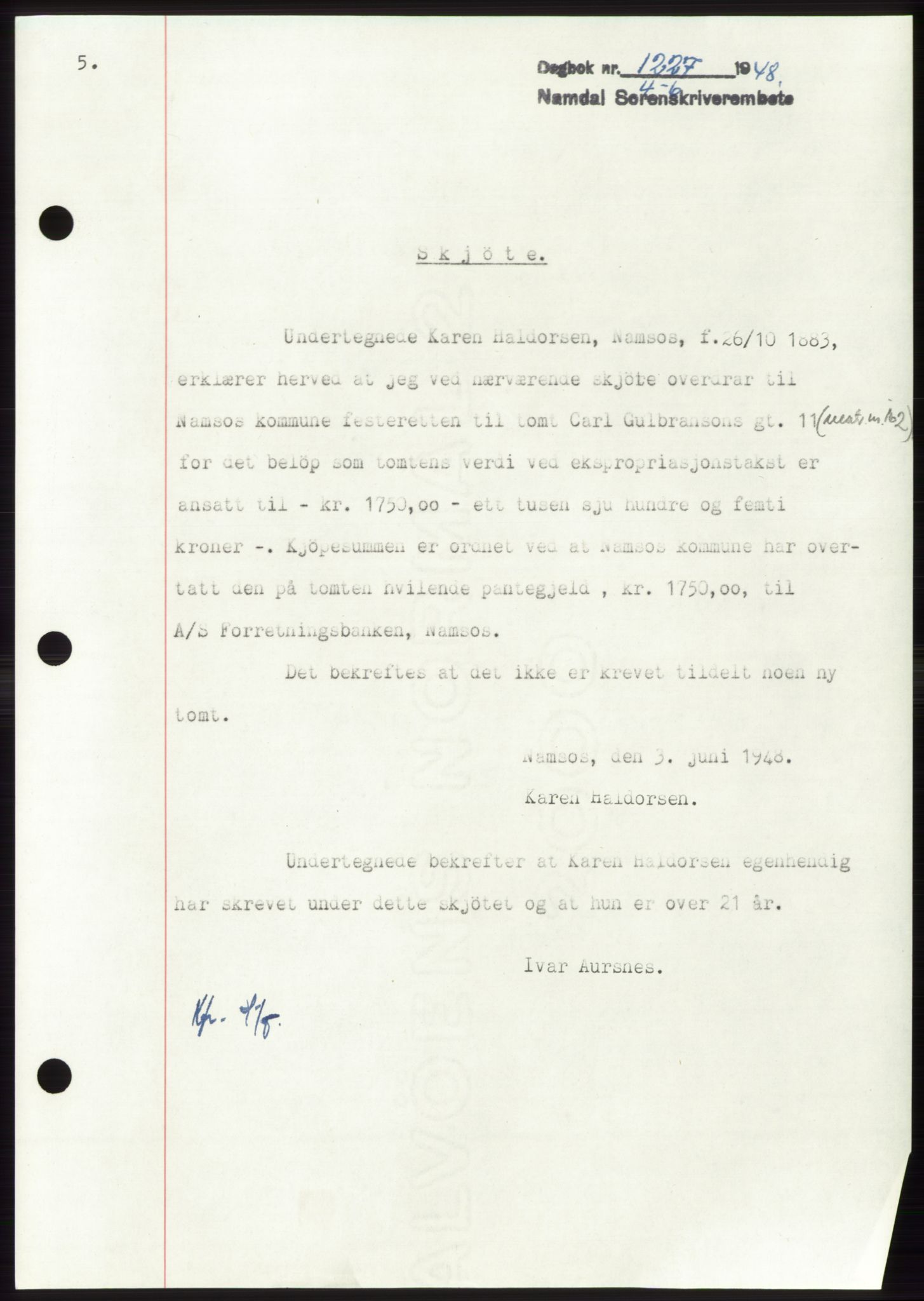Namdal sorenskriveri, SAT/A-4133/1/2/2C: Pantebok nr. -, 1948-1948, Dagboknr: 1227/1948