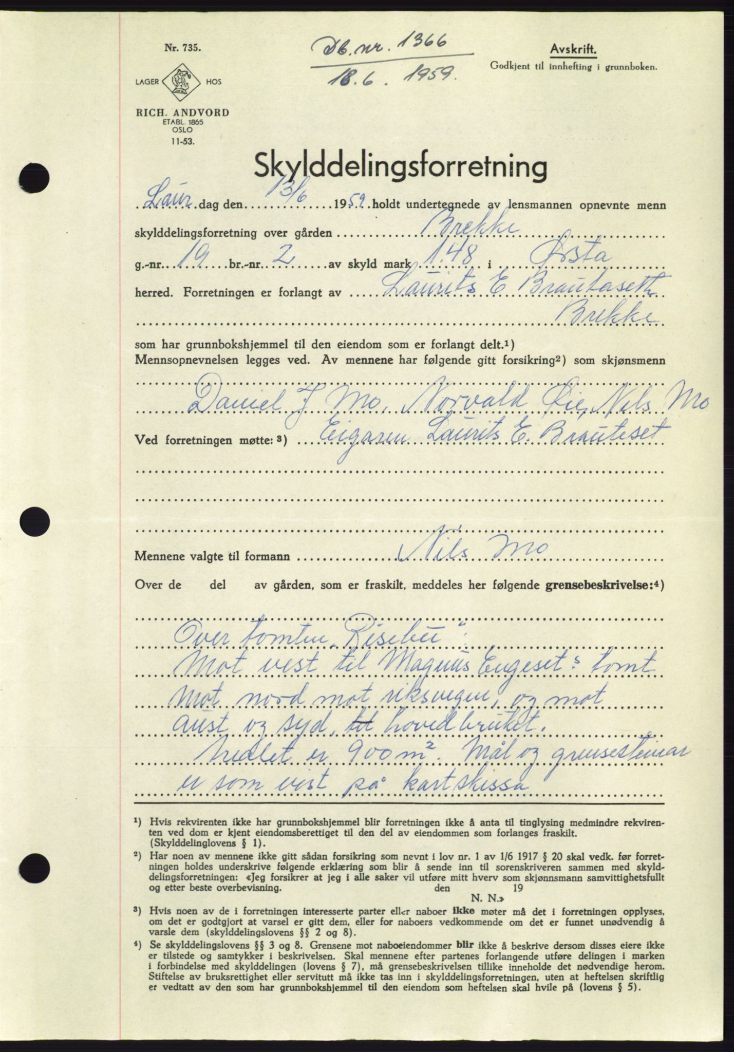 Søre Sunnmøre sorenskriveri, SAT/A-4122/1/2/2C/L0112: Pantebok nr. 38A, 1959-1959, Dagboknr: 1366/1959