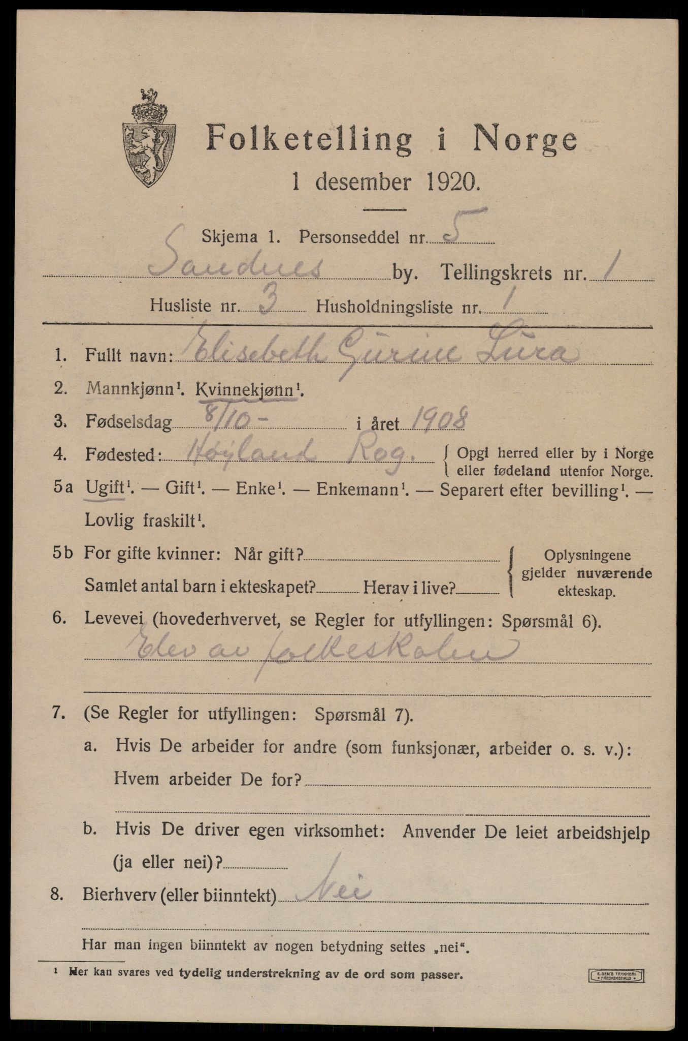 SAST, Folketelling 1920 for 1102 Sandnes ladested, 1920, s. 2508