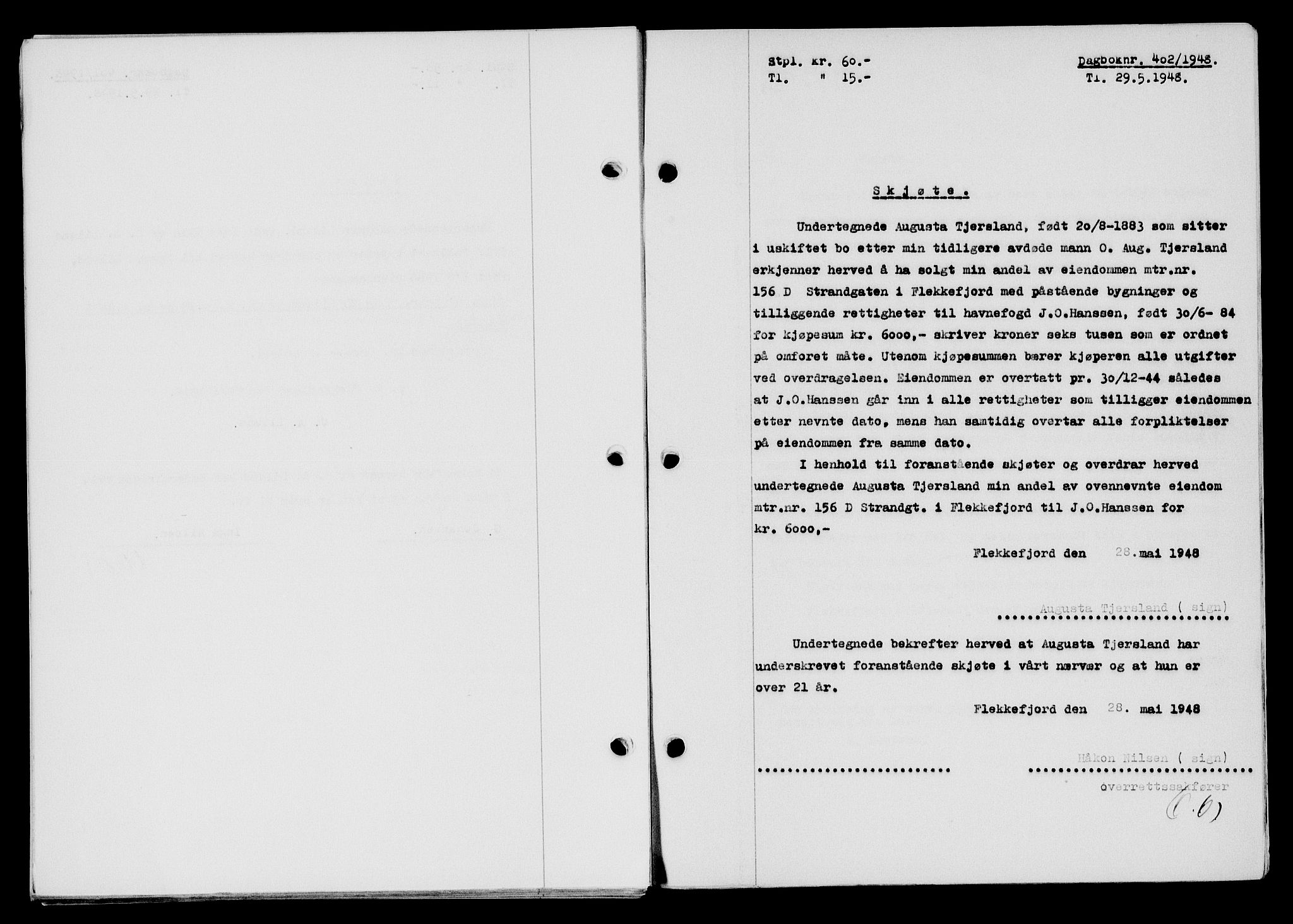 Flekkefjord sorenskriveri, SAK/1221-0001/G/Gb/Gba/L0063: Pantebok nr. A-11, 1947-1948, Dagboknr: 402/1948