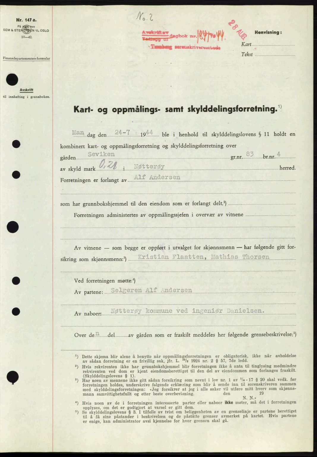 Tønsberg sorenskriveri, AV/SAKO-A-130/G/Ga/Gaa/L0015: Pantebok nr. A15, 1944-1944, Dagboknr: 1841/1944