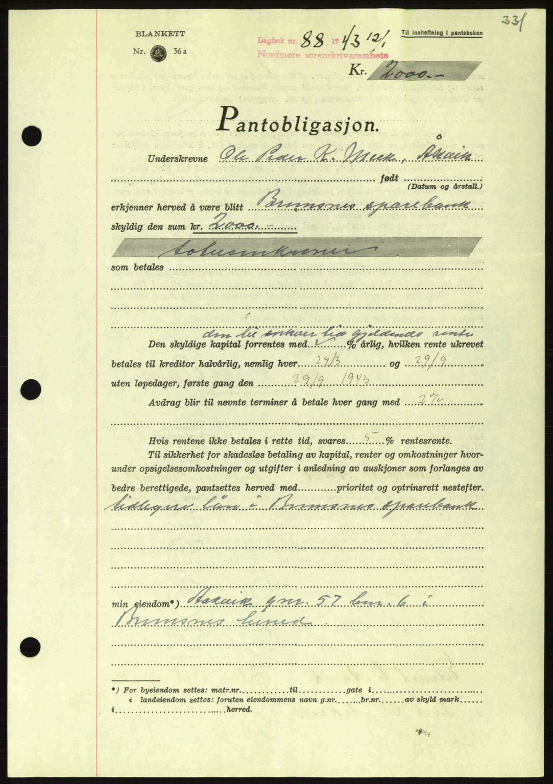 Nordmøre sorenskriveri, AV/SAT-A-4132/1/2/2Ca: Pantebok nr. B90, 1942-1943, Dagboknr: 88/1943