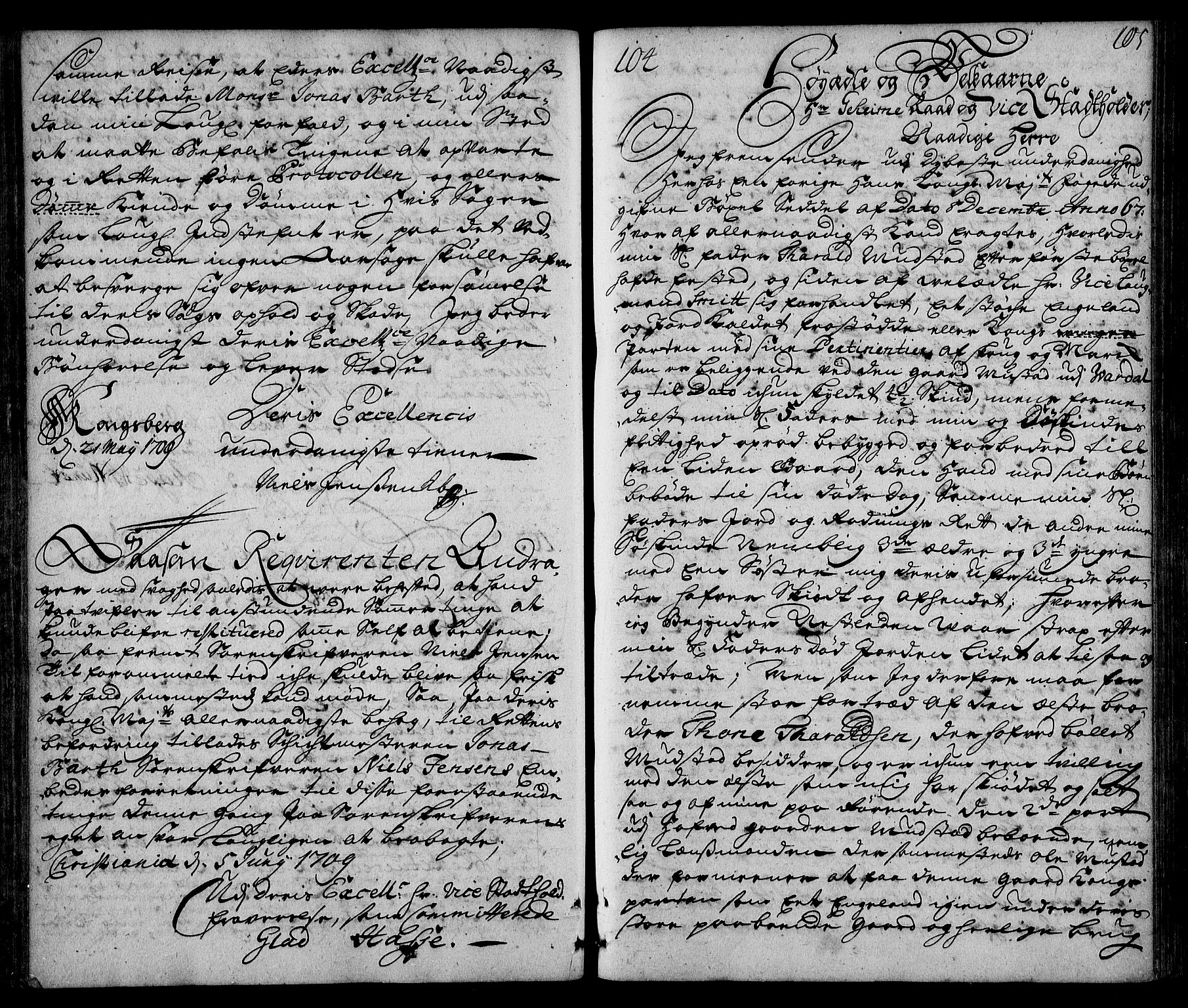 Stattholderembetet 1572-1771, RA/EA-2870/Ad/L0008: Supplikasjons- og resolusjonsprotokoll, 1709, s. 104b-105a