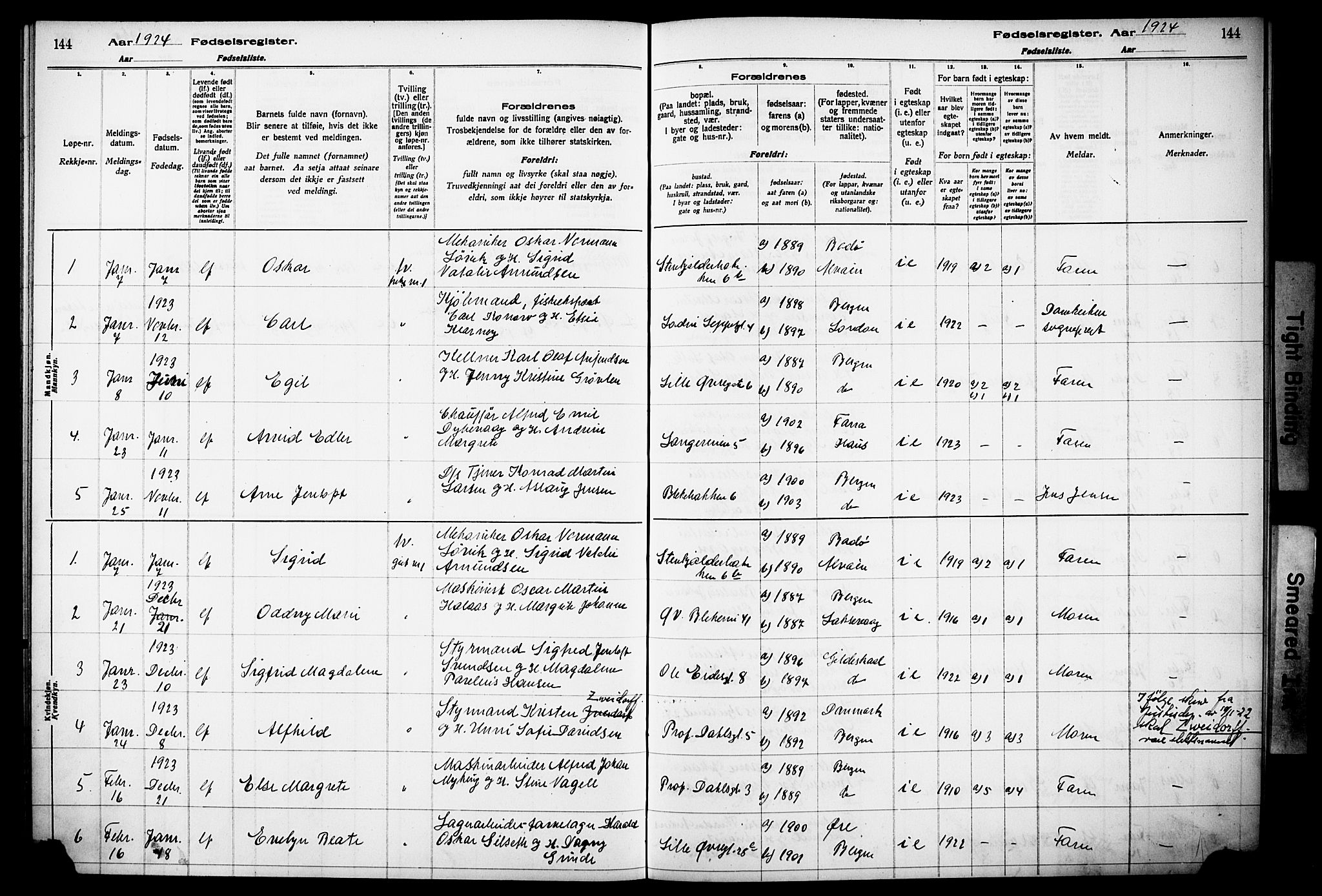 Korskirken sokneprestembete, SAB/A-76101/I/Id/L00A1: Fødselsregister nr. A 1, 1916-1929, s. 144