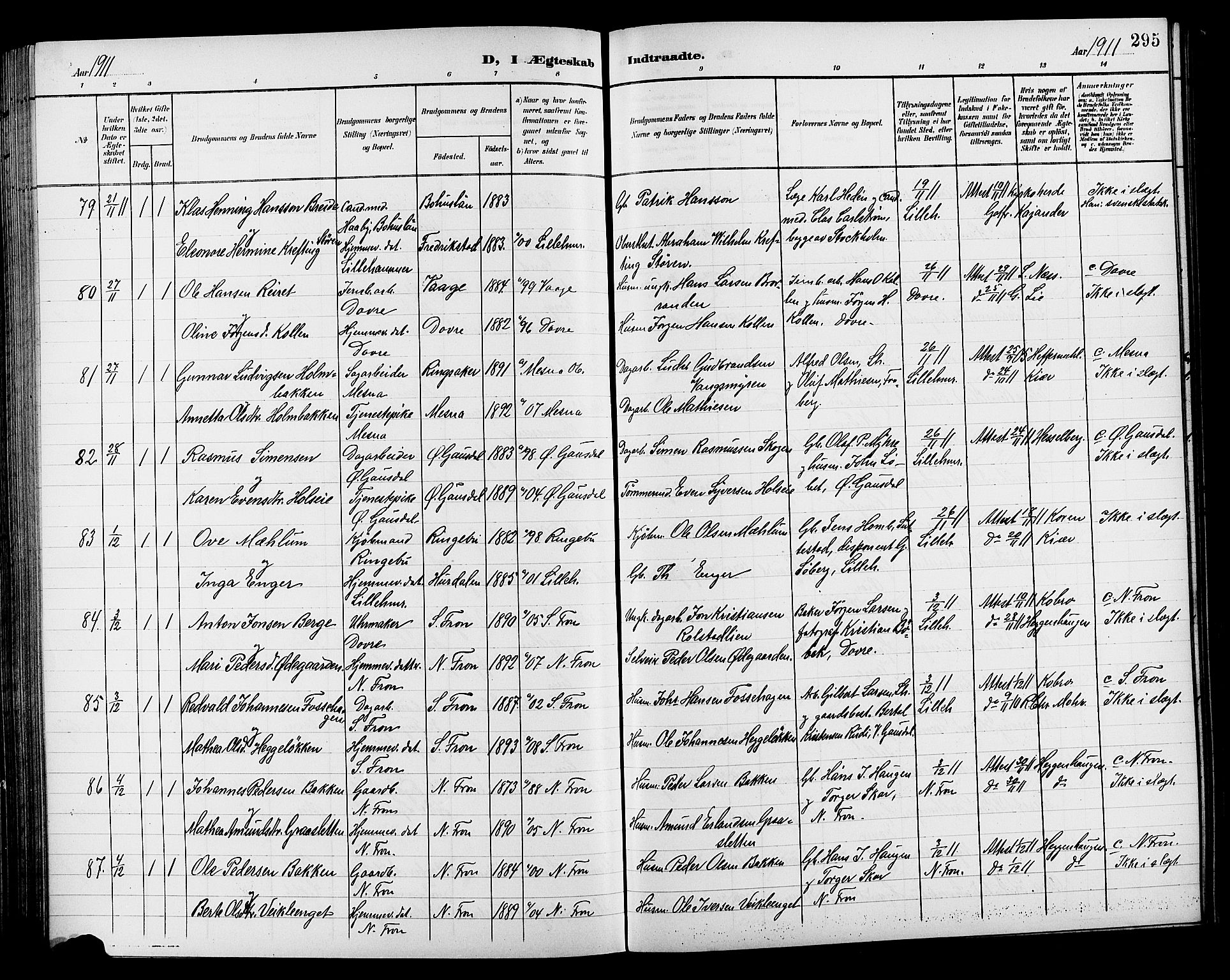 Lillehammer prestekontor, AV/SAH-PREST-088/H/Ha/Hab/L0001: Klokkerbok nr. 1, 1901-1913, s. 295