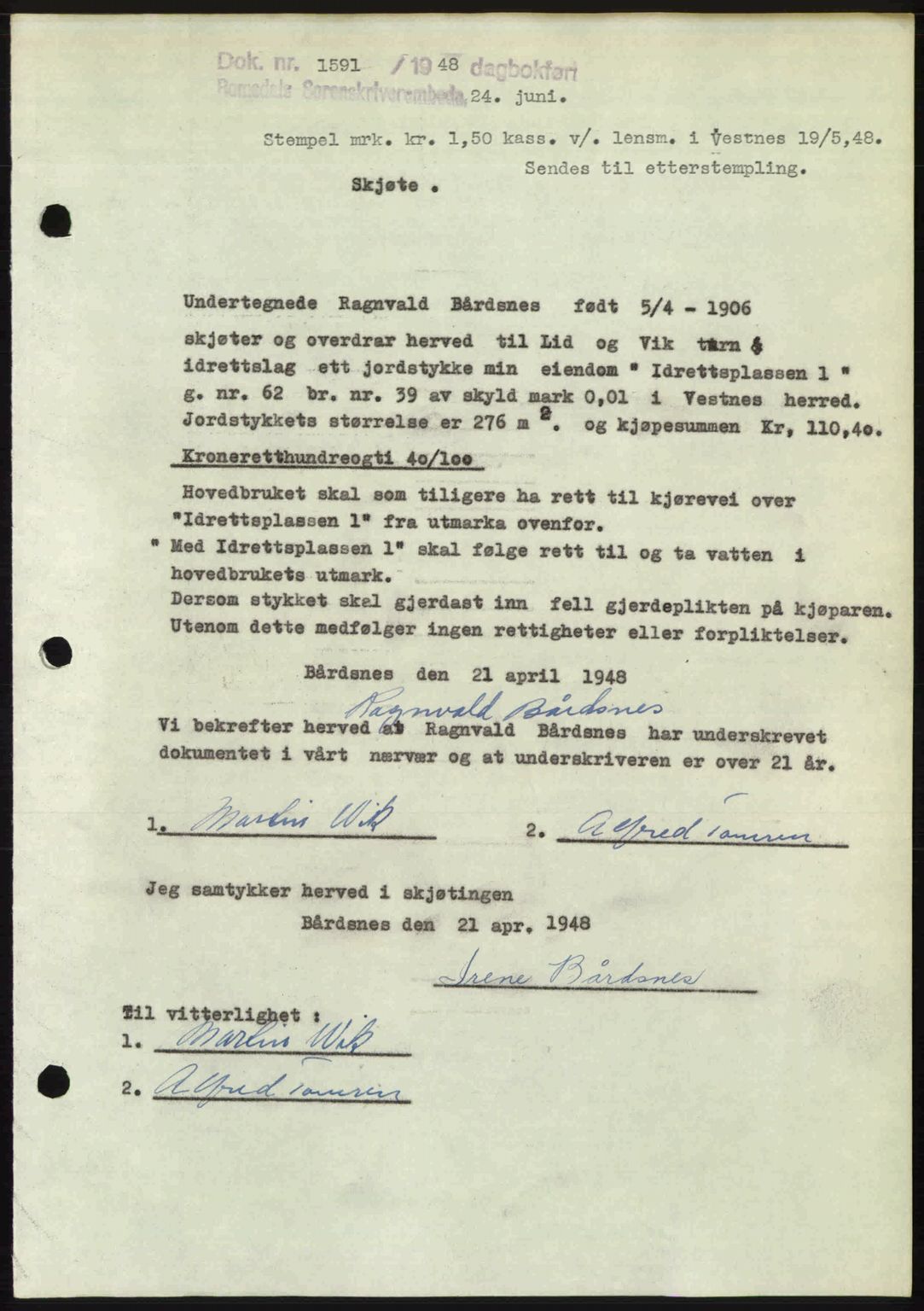 Romsdal sorenskriveri, SAT/A-4149/1/2/2C: Pantebok nr. A26, 1948-1948, Dagboknr: 1591/1948