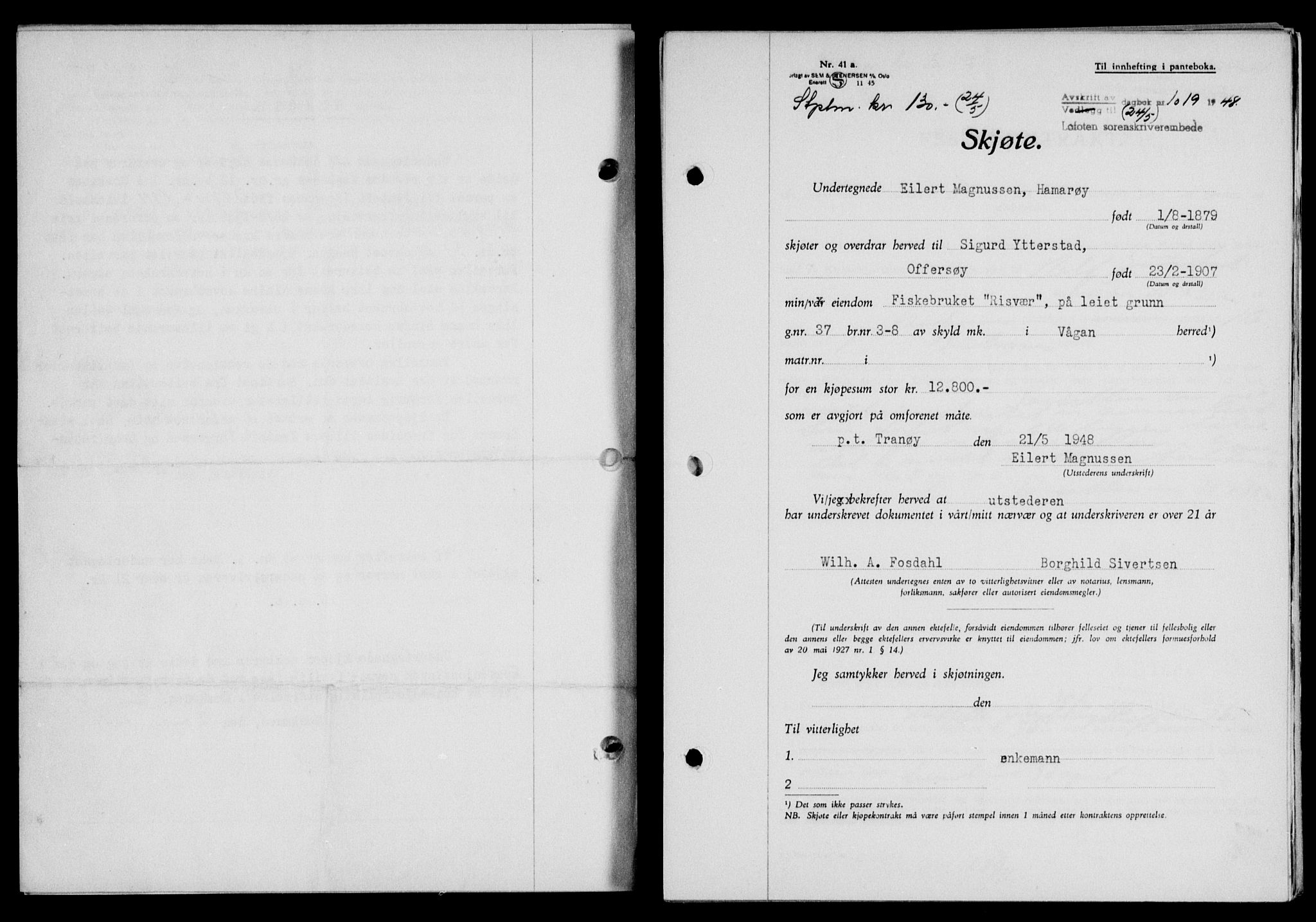 Lofoten sorenskriveri, SAT/A-0017/1/2/2C/L0018a: Pantebok nr. 18a, 1948-1948, Dagboknr: 1019/1948