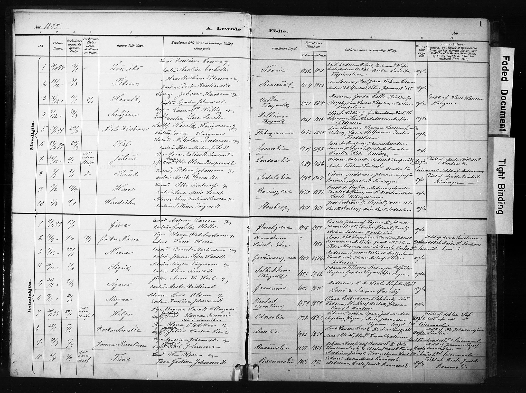 Søndre Land prestekontor, AV/SAH-PREST-122/K/L0004: Ministerialbok nr. 4, 1895-1904, s. 1