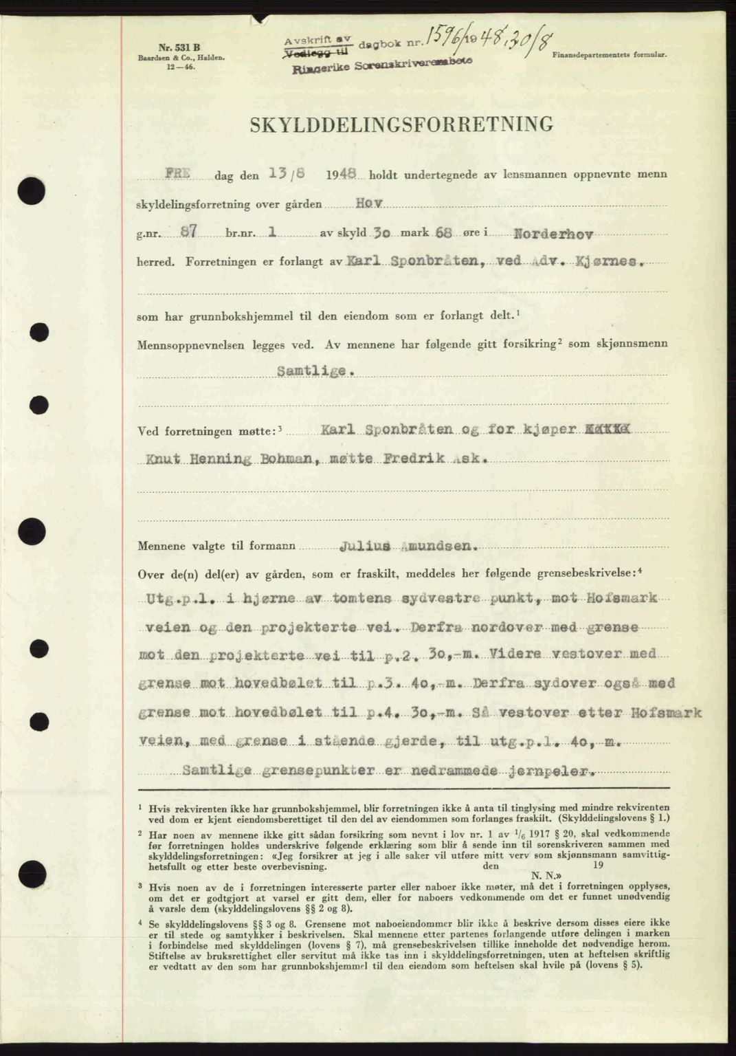 Ringerike sorenskriveri, SAKO/A-105/G/Ga/Gab/L0088: Pantebok nr. A-19, 1948-1948, Dagboknr: 1596/1948