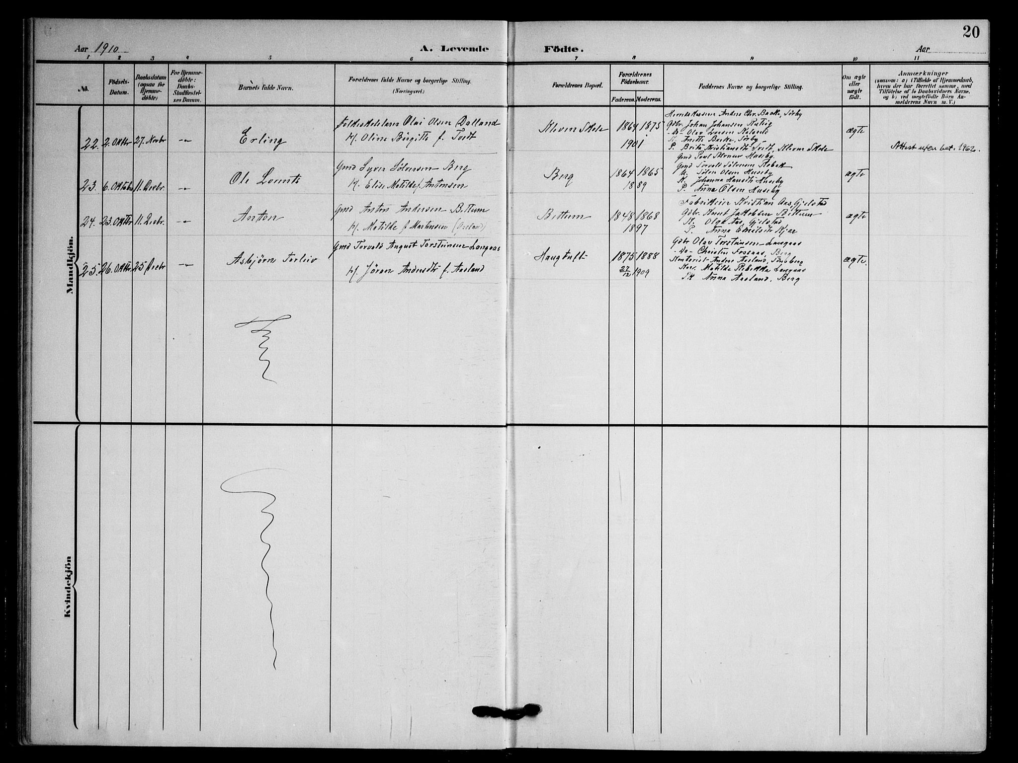 Våle kirkebøker, AV/SAKO-A-334/F/Fa/L0012: Ministerialbok nr. I 12, 1907-1934, s. 20