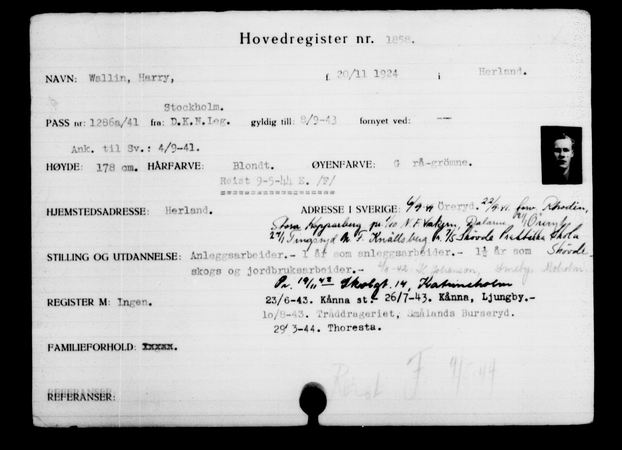 Utenriksstasjonene, Legasjonen i Stockholm, Flyktningkontoret, AV/RA-S-6753/V/Va/L0002: Kjesäterkartoteket, flyktninger med registreringsnr. 1001-2000, 1940-1945, s. 1223