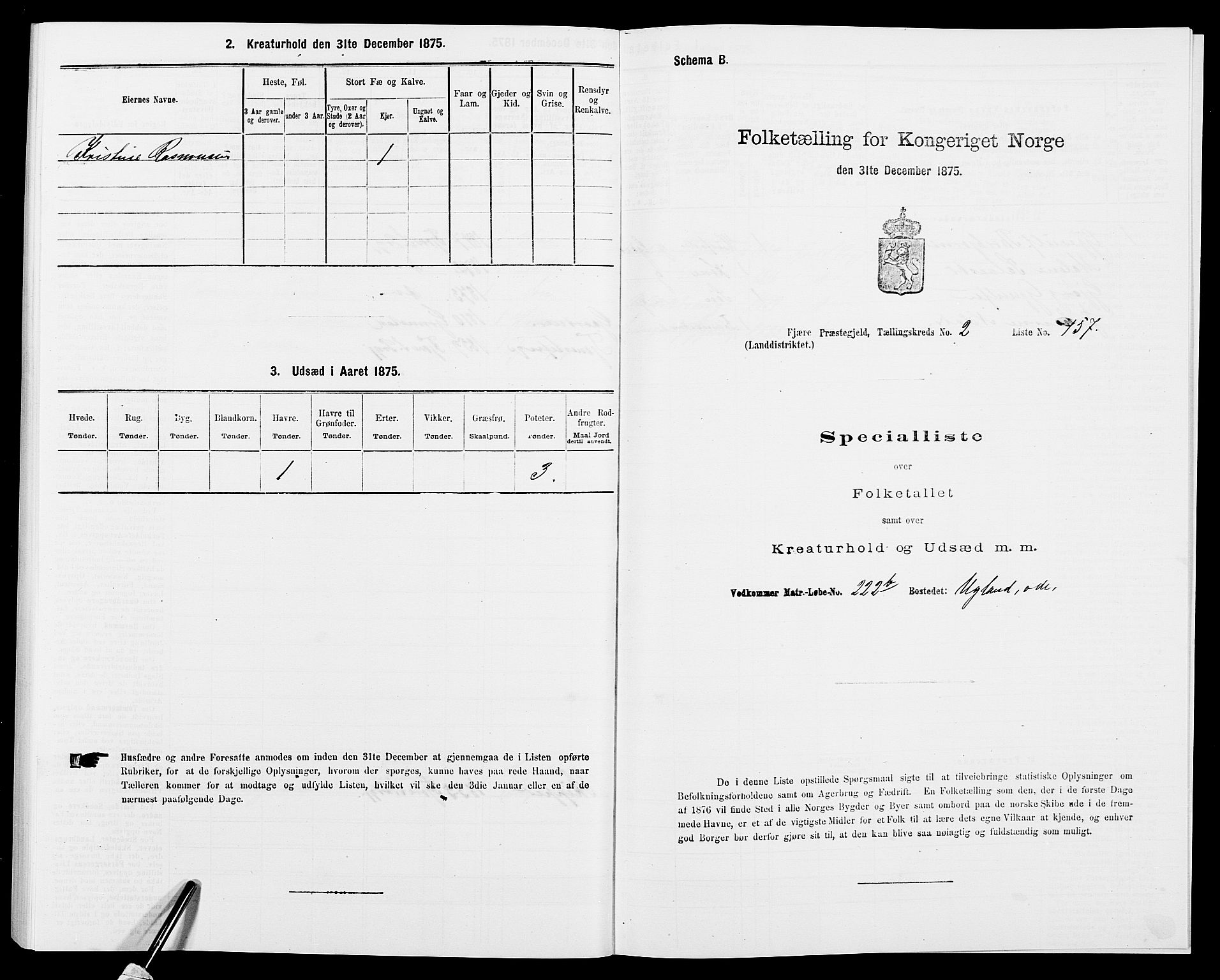 SAK, Folketelling 1875 for 0923L Fjære prestegjeld, Fjære sokn, 1875, s. 845