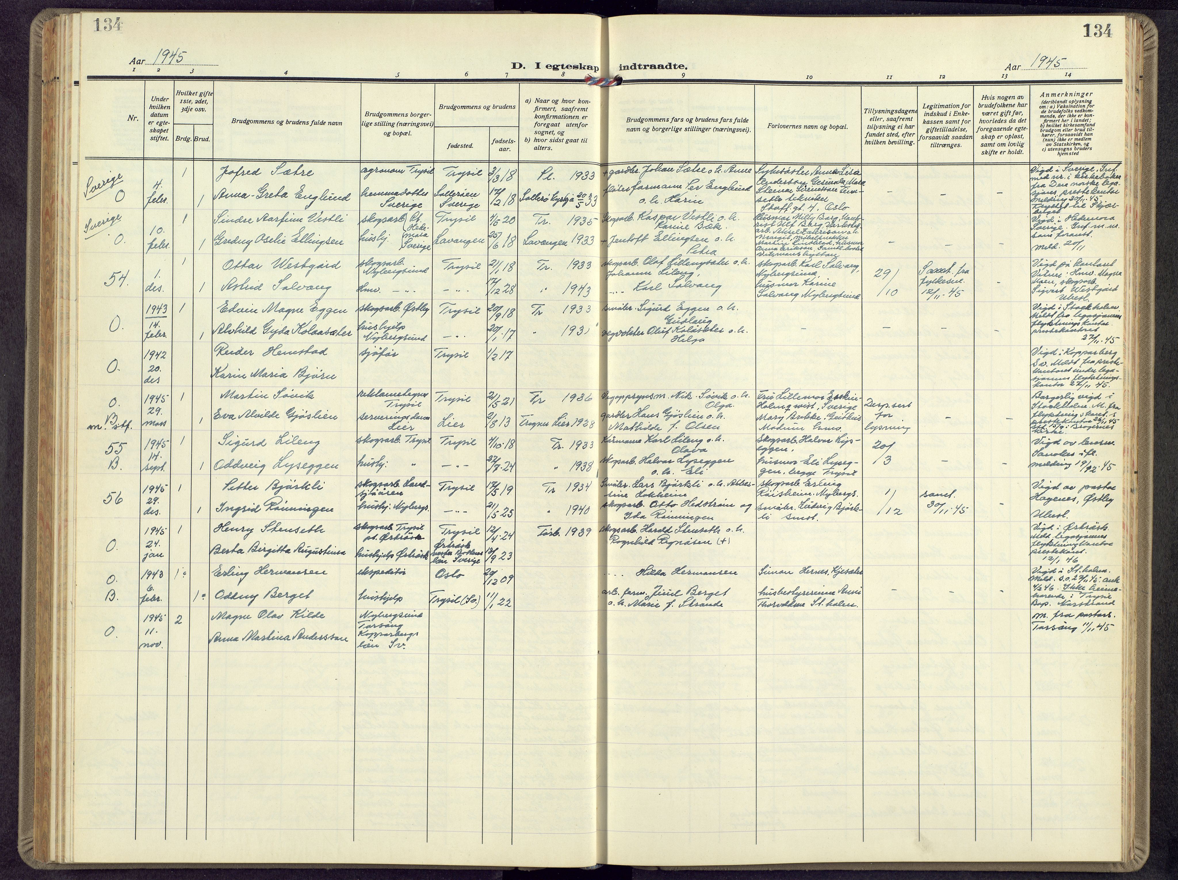 Trysil prestekontor, SAH/PREST-046/H/Ha/Hab/L0012: Klokkerbok nr. 12, 1938-1959, s. 134