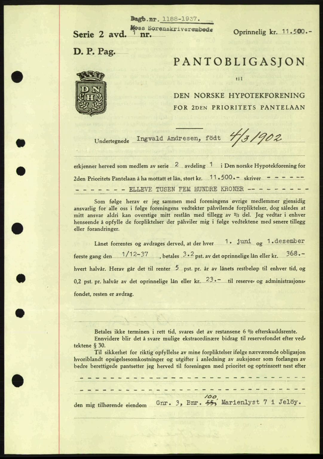 Moss sorenskriveri, SAO/A-10168: Pantebok nr. B3, 1937-1937, Dagboknr: 1188/1937